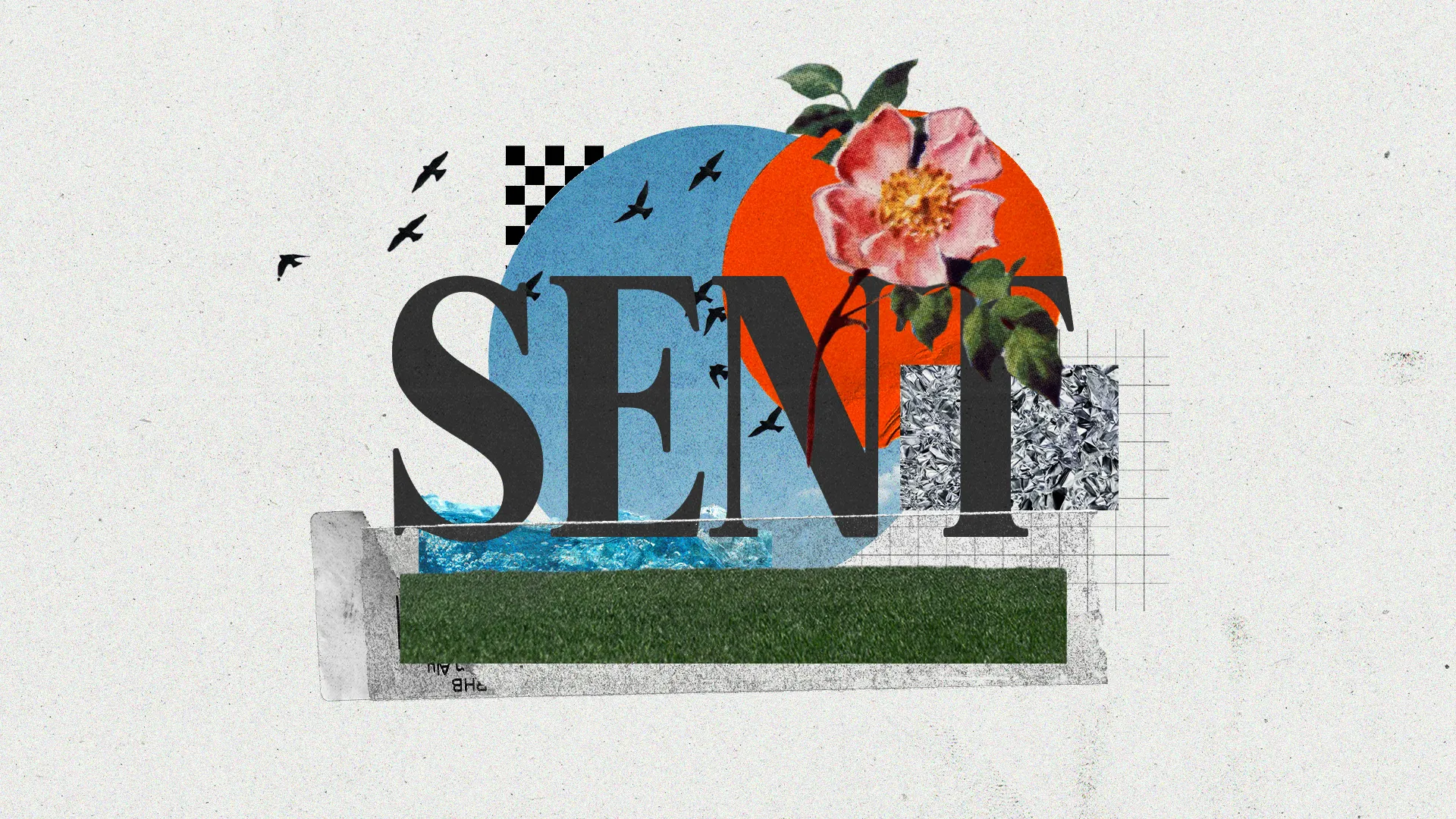 Bold text "SENT" surrounded by vibrant colors, nature elements, and abstract shapes, symbolizing faith and community outreach.