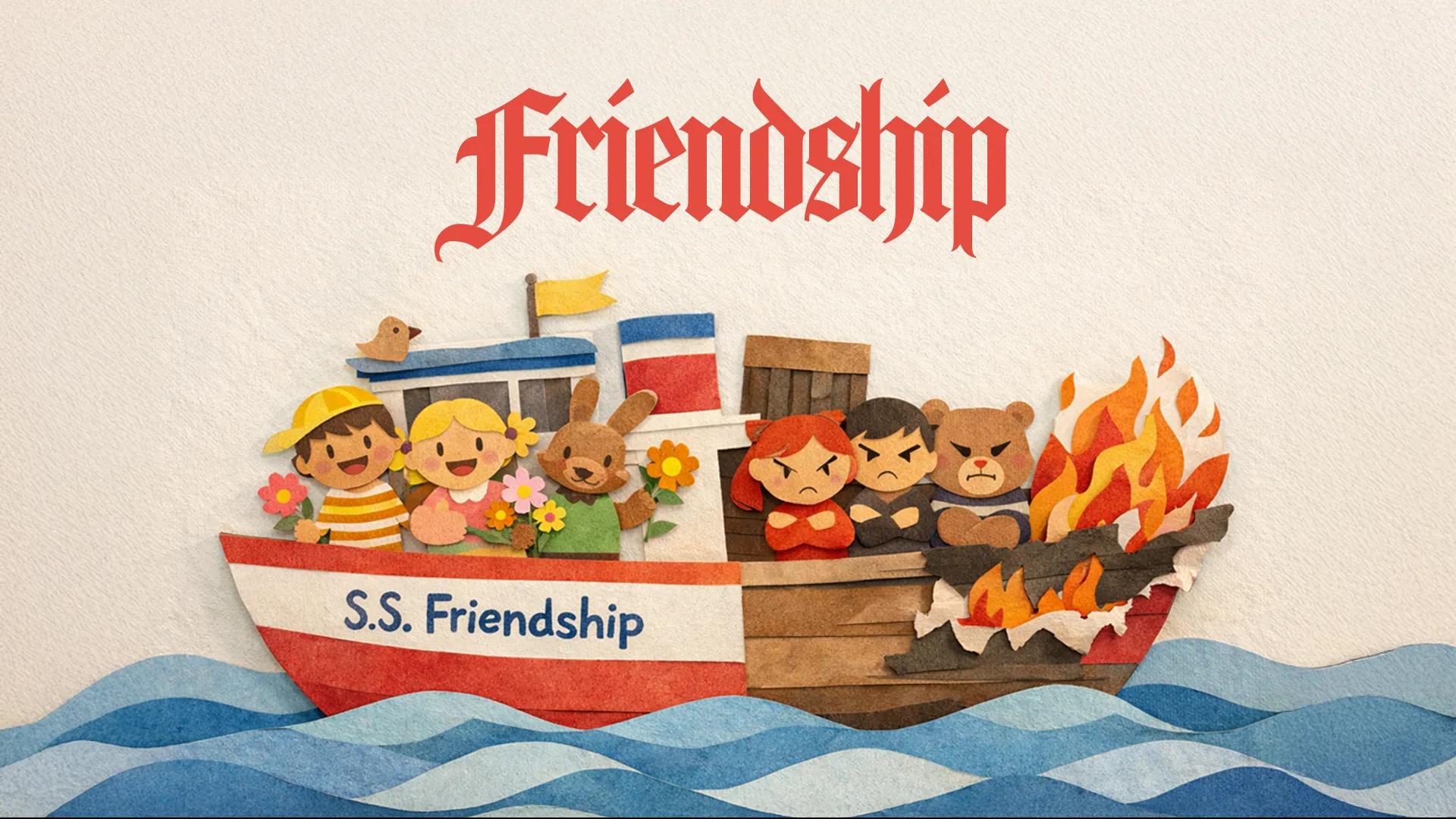 Colorful boat named "S.S. Friendship" with children and animals, symbolizing community, togetherness, and faith.