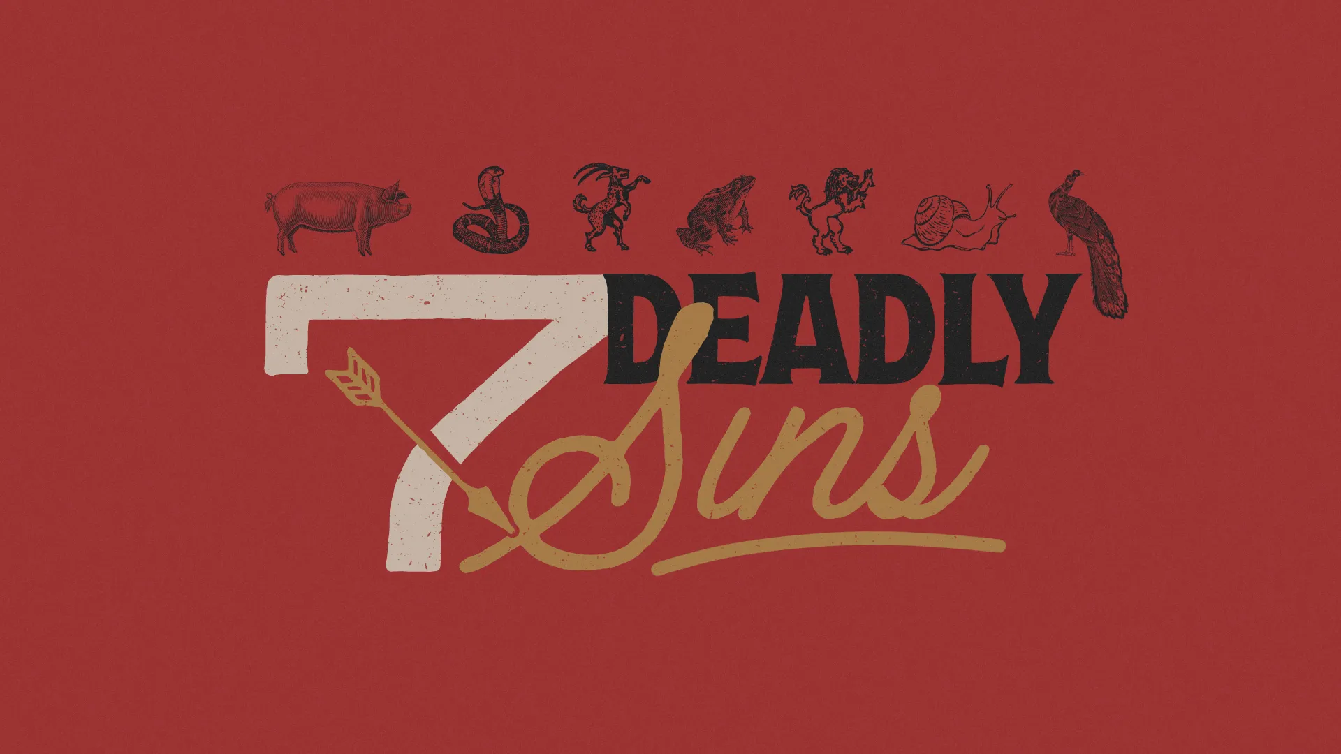 "Bold text '7 Deadly Sins' with symbolic icons on a red background, representing themes of sin, reflection, and spiritual growth."