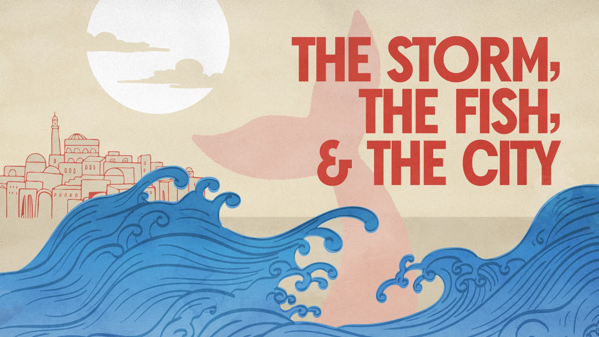 Stormy waves with a city skyline and a whale tail, symbolizing faith, biblical stories, and community resilience.