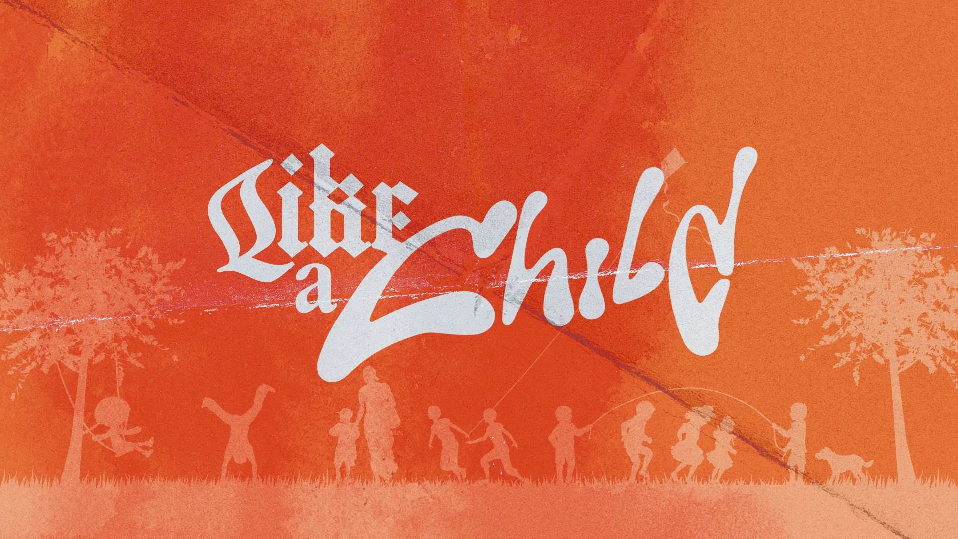 Colorful design features children playing, trees, and the phrase "Like a Child," emphasizing joy, innocence, and community in faith.