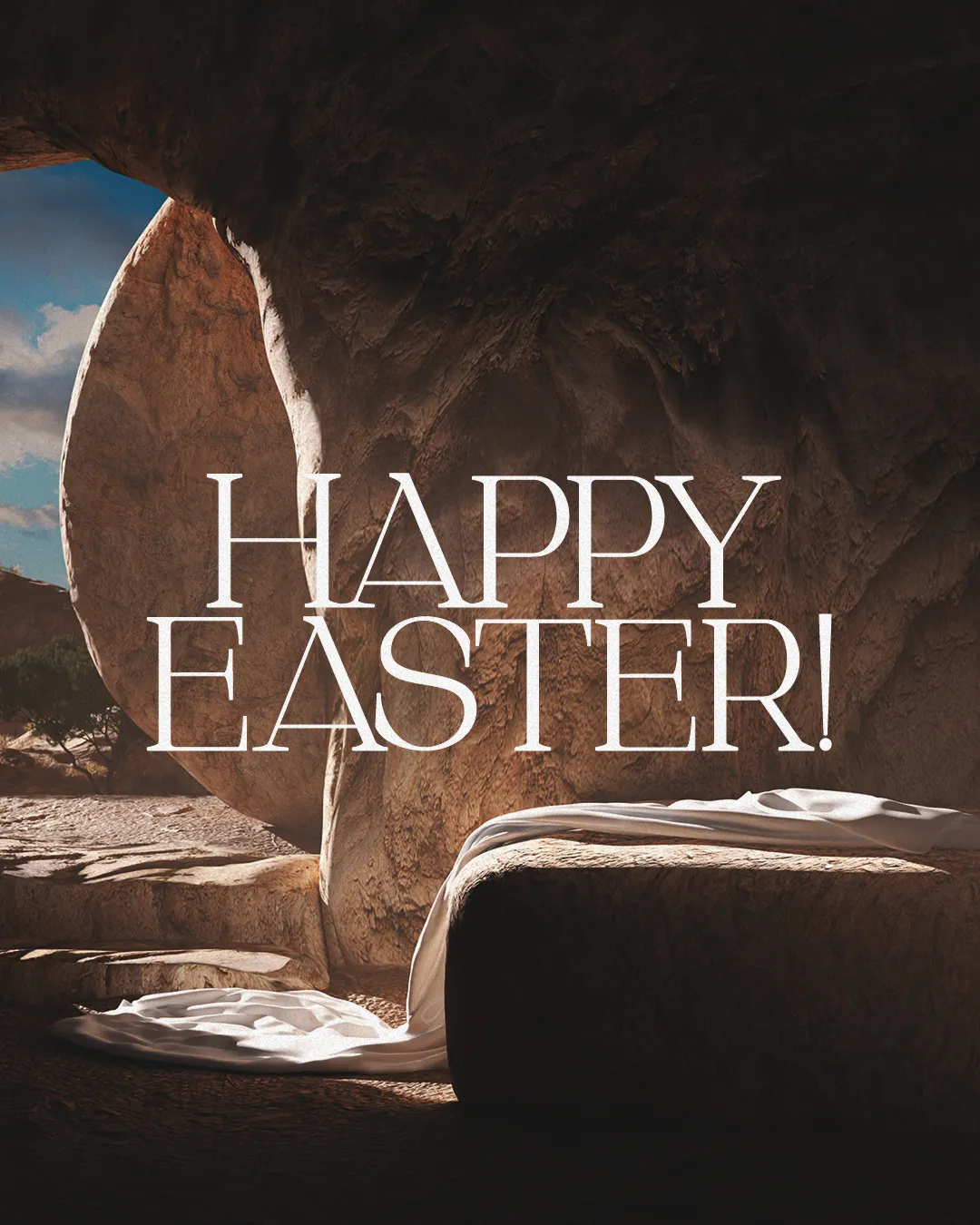 Empty tomb with white linens, bright light entering, and "Happy Easter!" text, symbolizing resurrection and hope.