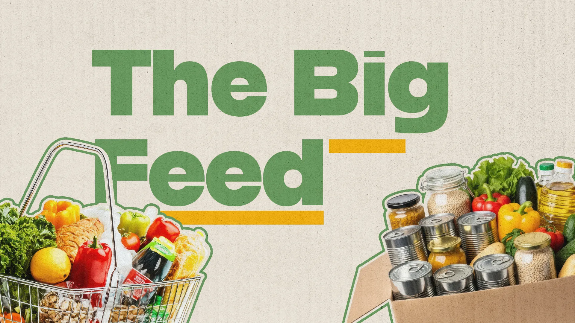 Community event promoting food sharing, featuring a shopping basket and boxes of groceries, symbolizing service and faith.