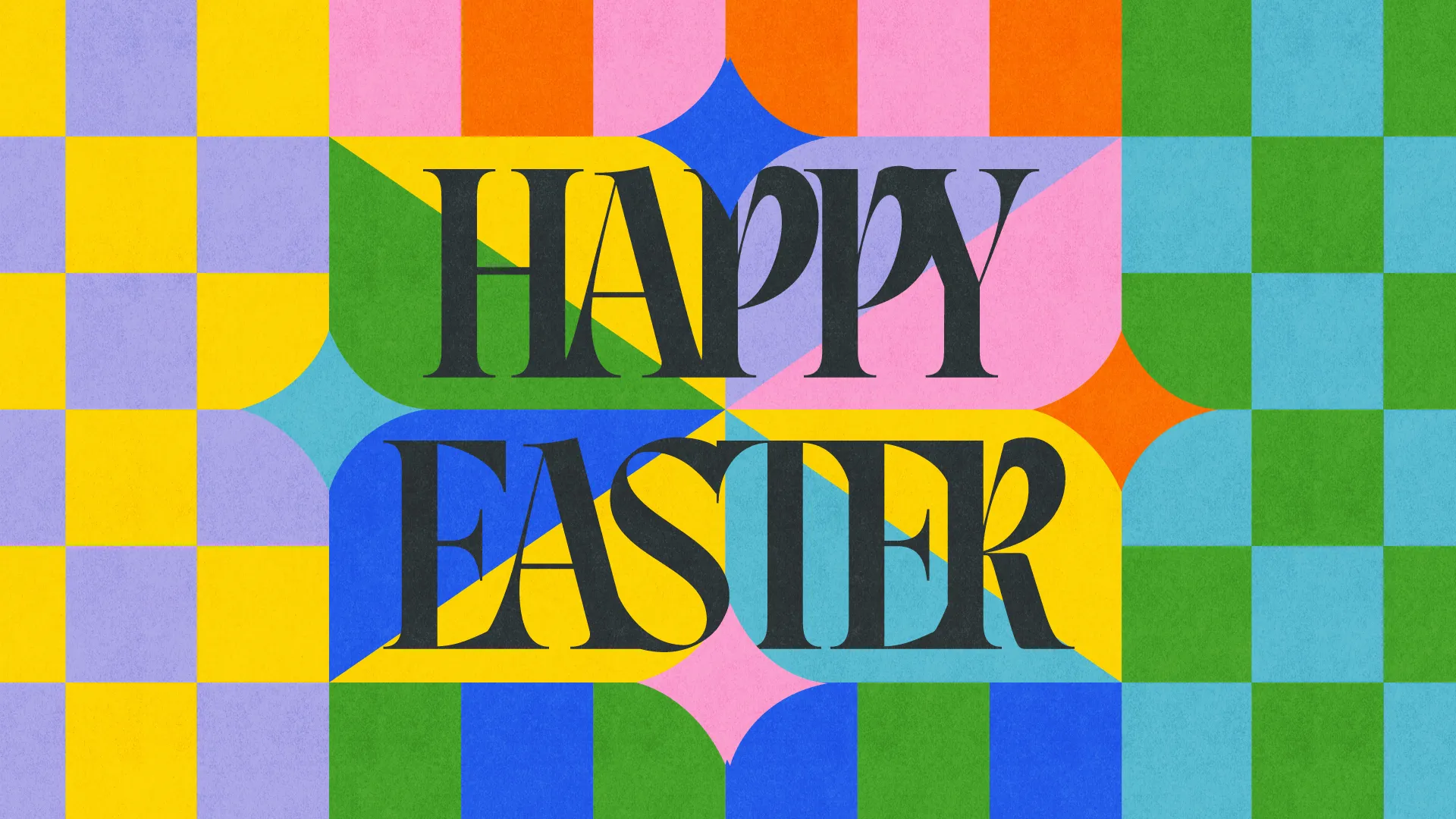 Colorful geometric patterns with bold text reading "Happy Easter," celebrating joy and community in faith.