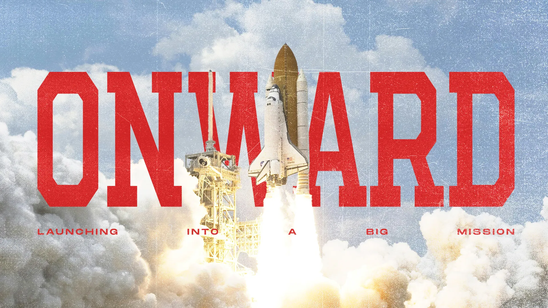 "Rocket launching into the sky, symbolizing faith and community moving forward on a big mission."