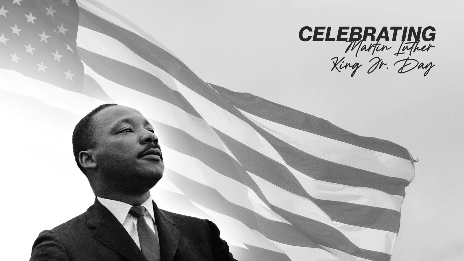 Honoring Martin Luther King Jr. Day with a focus on justice, faith, and community unity against a backdrop of the American flag.