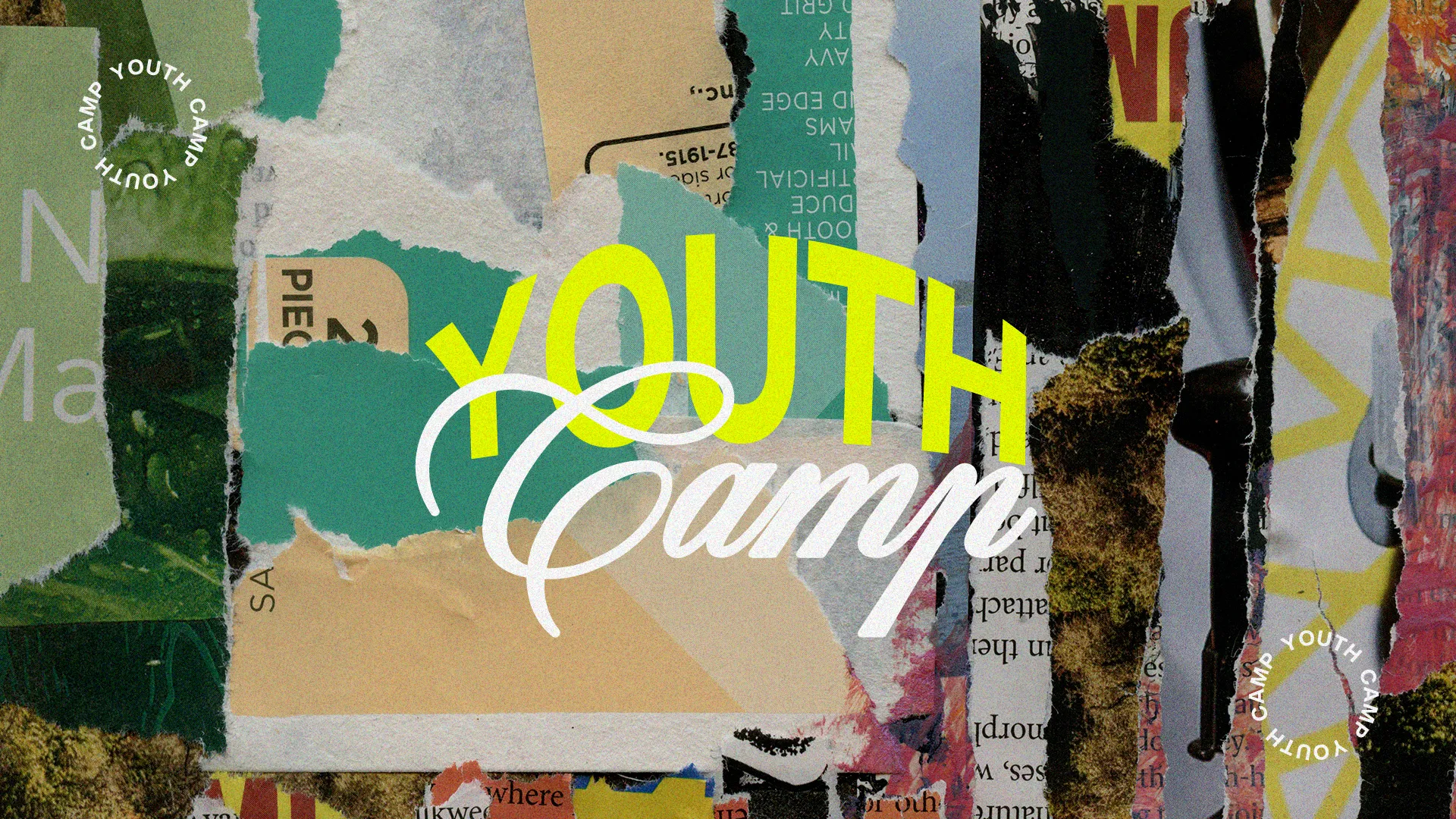Colorful collage featuring "Youth Camp" text, symbolizing community, faith, and spiritual growth for young believers.