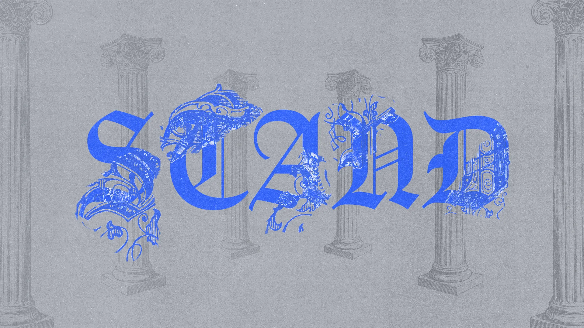 Bold blue text "STAND" with ornate details, set against a gray background featuring classical columns, symbolizing strength in faith.