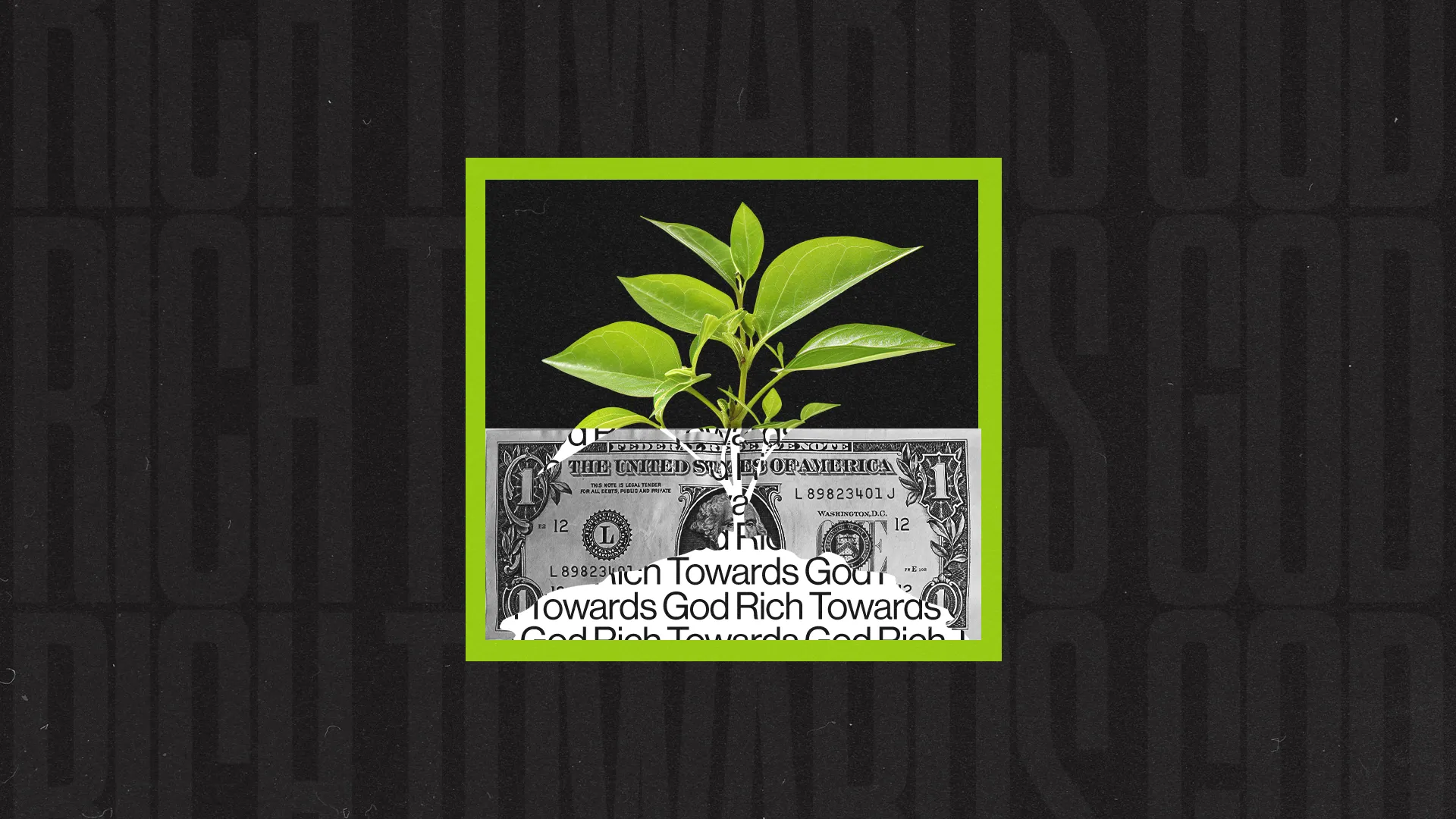 A sprouting plant emerges from a dollar bill, symbolizing growth through faith and generosity in the church community.