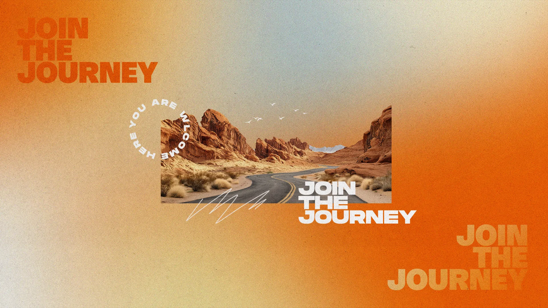 Warm desert landscape with a winding road invites viewers to join a faith journey, emphasizing community and welcome.