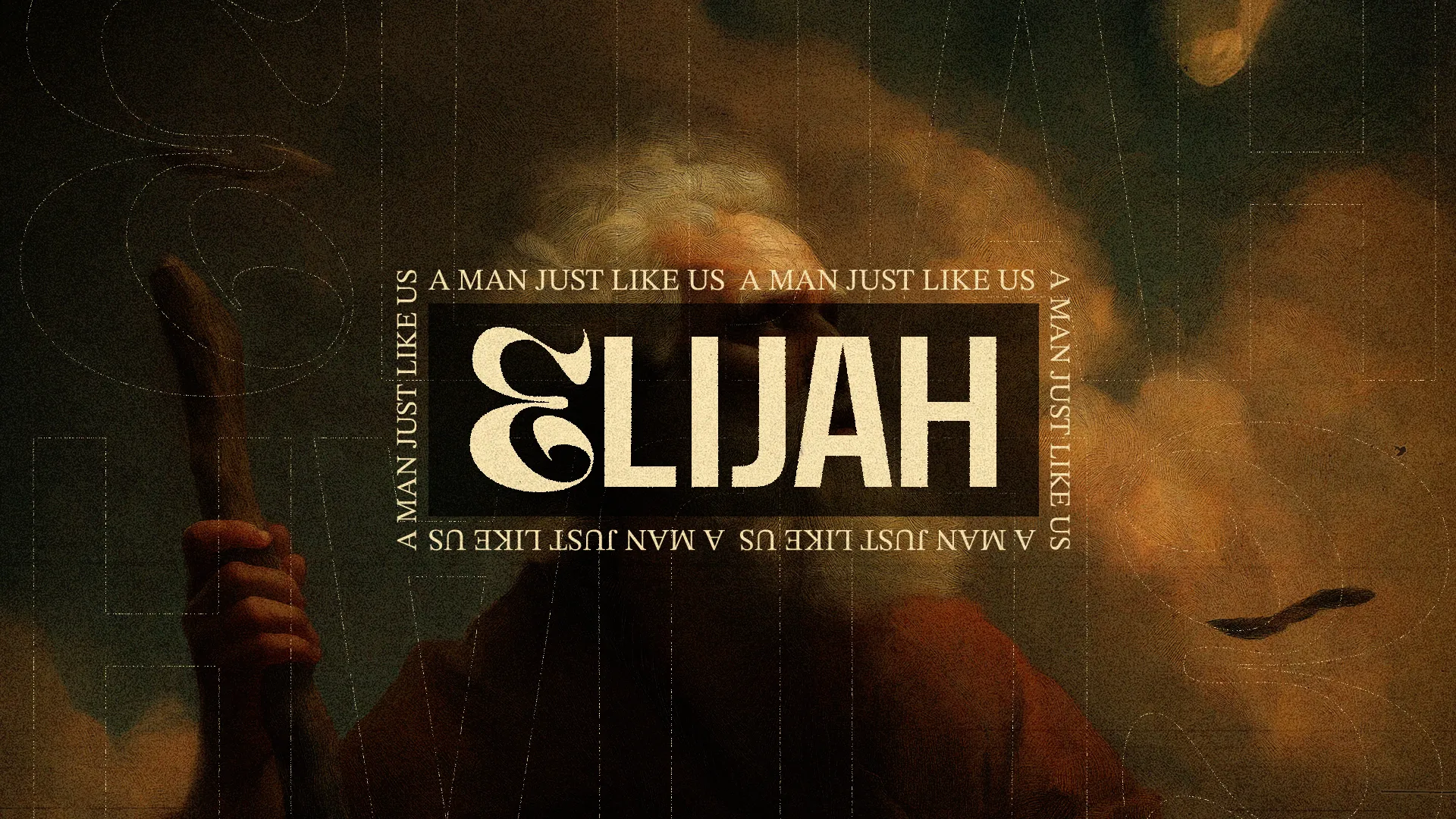 Elijah holds a staff, surrounded by clouds, emphasizing faith and the humanity of biblical figures.
