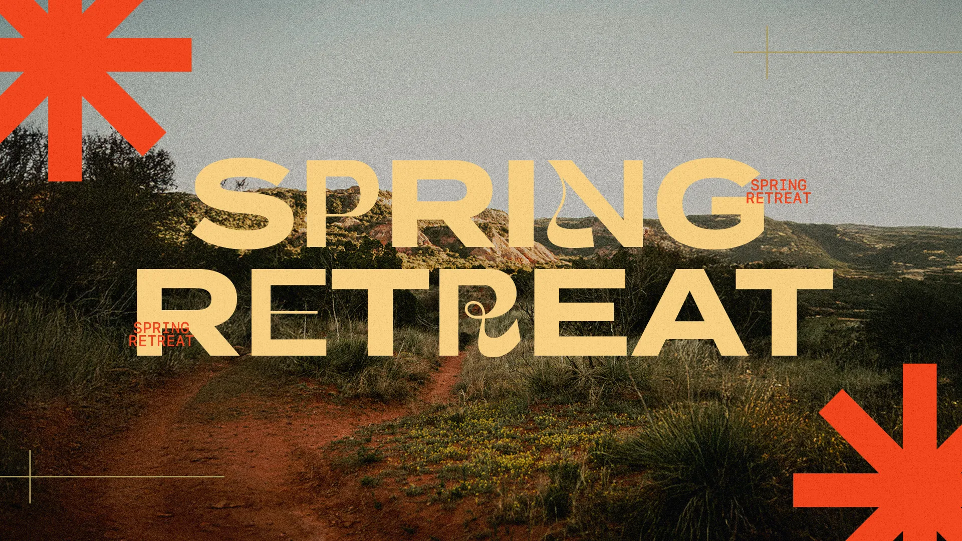 Spring retreat announcement with scenic background, inviting community for faith-building and fellowship.