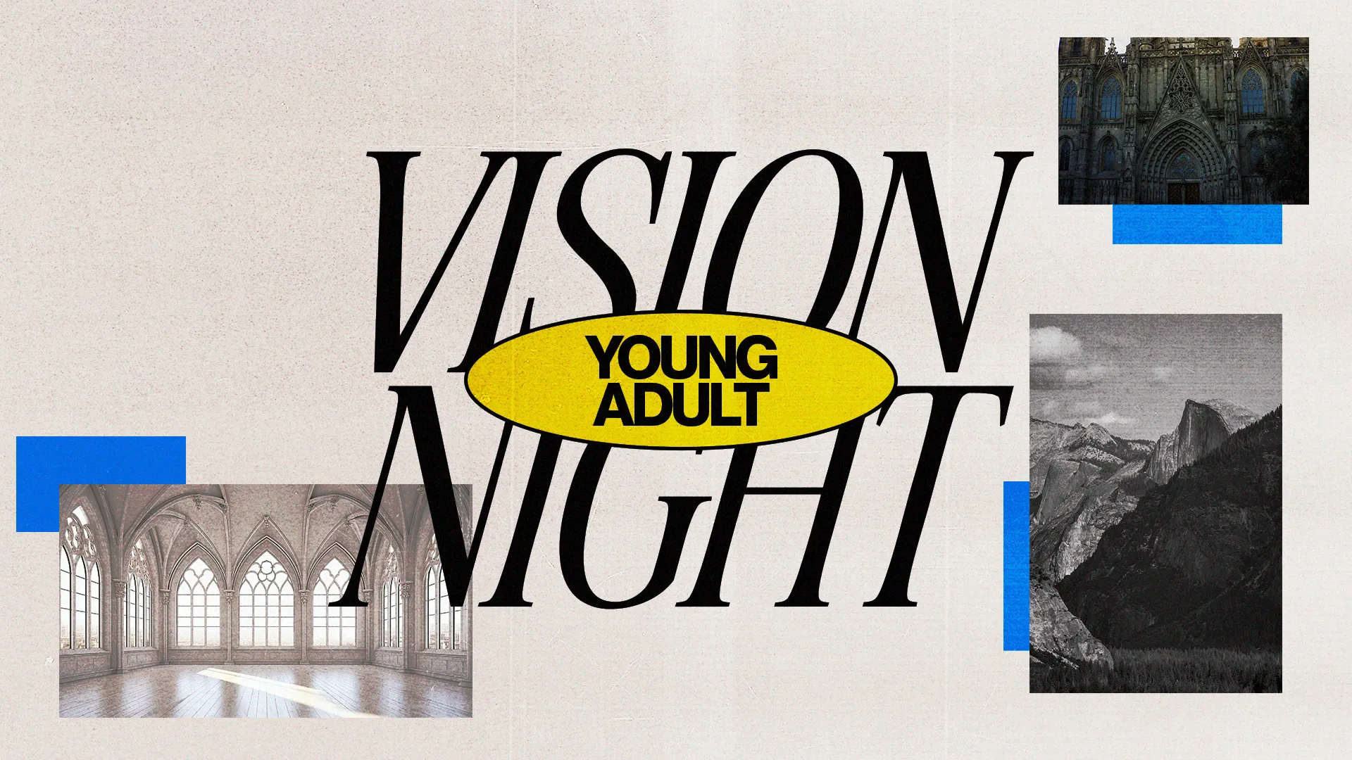 "Vision Night for young adults, inviting community engagement and spiritual growth, with elegant church imagery."