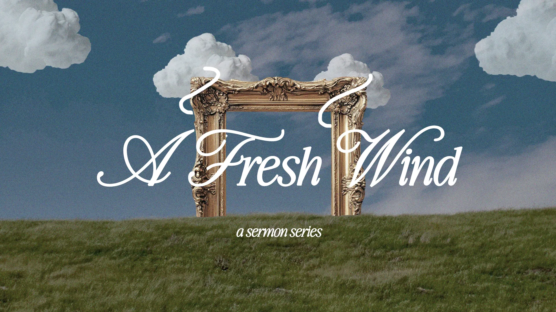 "Golden frame in a serene landscape symbolizes new beginnings and spiritual renewal for the sermon series 'A Fresh Wind.'"