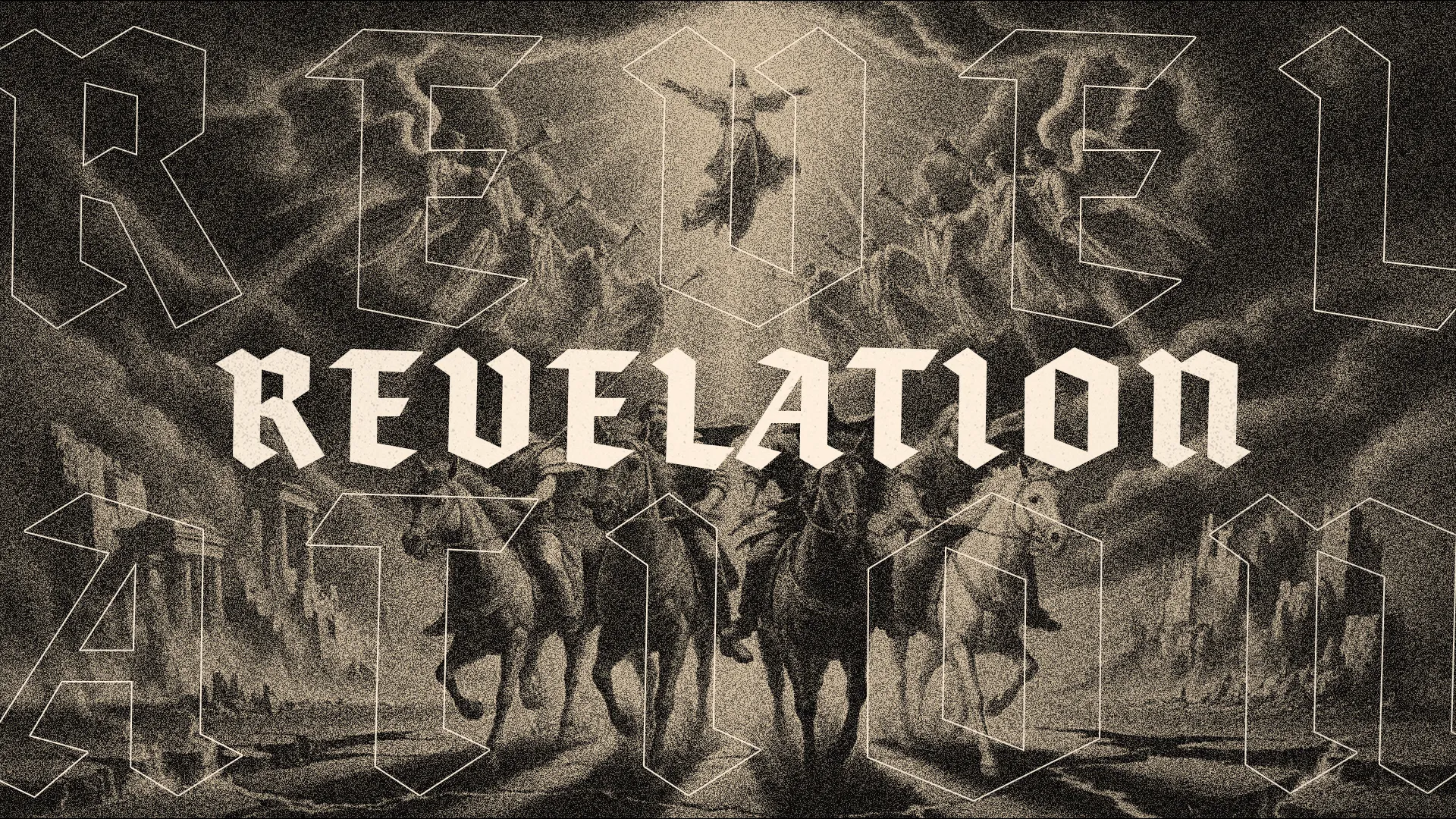 Dramatic depiction of the Four Horsemen of the Apocalypse with "Revelation" boldly displayed, symbolizing faith and prophecy.