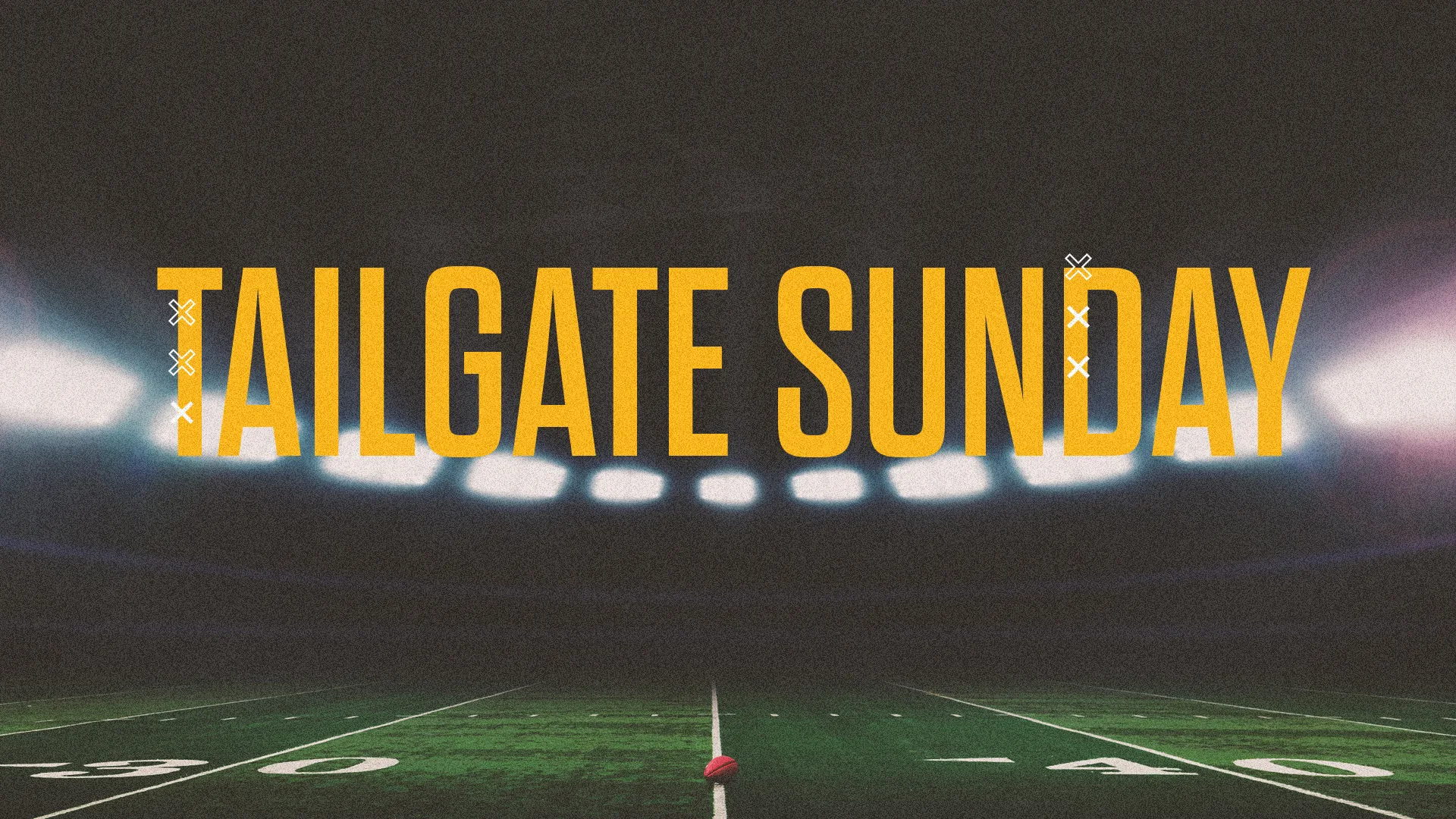 Tailgate Sunday event announcement, featuring a football field backdrop, emphasizing community and fellowship in faith.