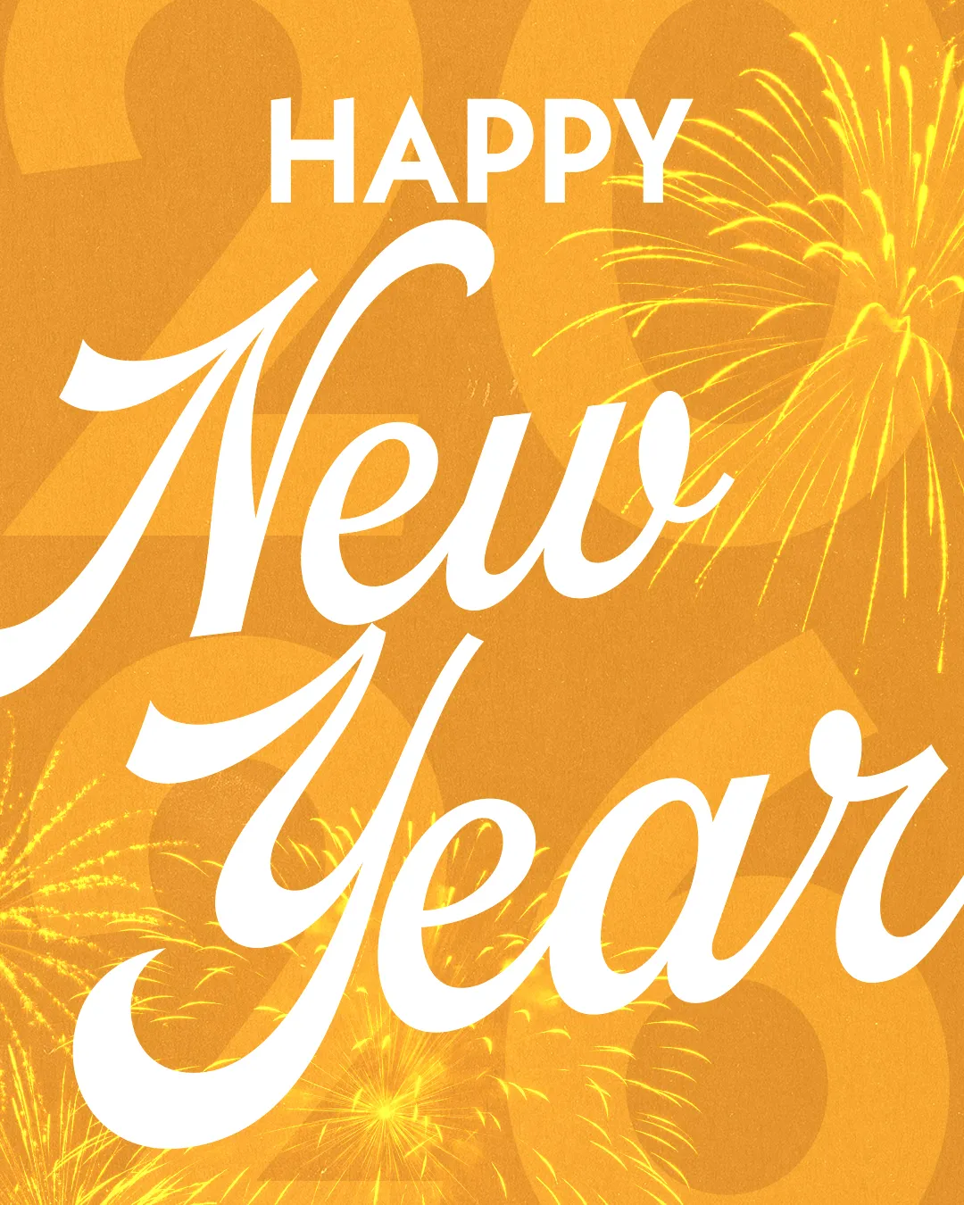Bright yellow background with "Happy New Year" text and festive fireworks, symbolizing hope and new beginnings in faith.