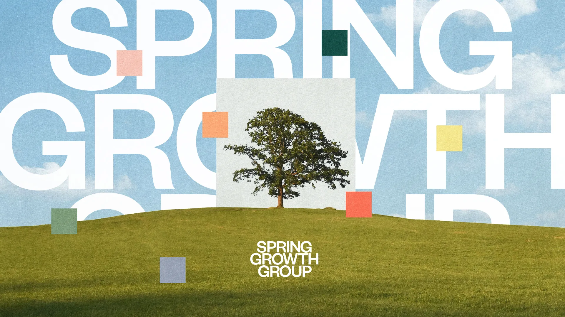 Lone tree on a grassy hill with colorful geometric shapes, symbolizing growth and community in faith.