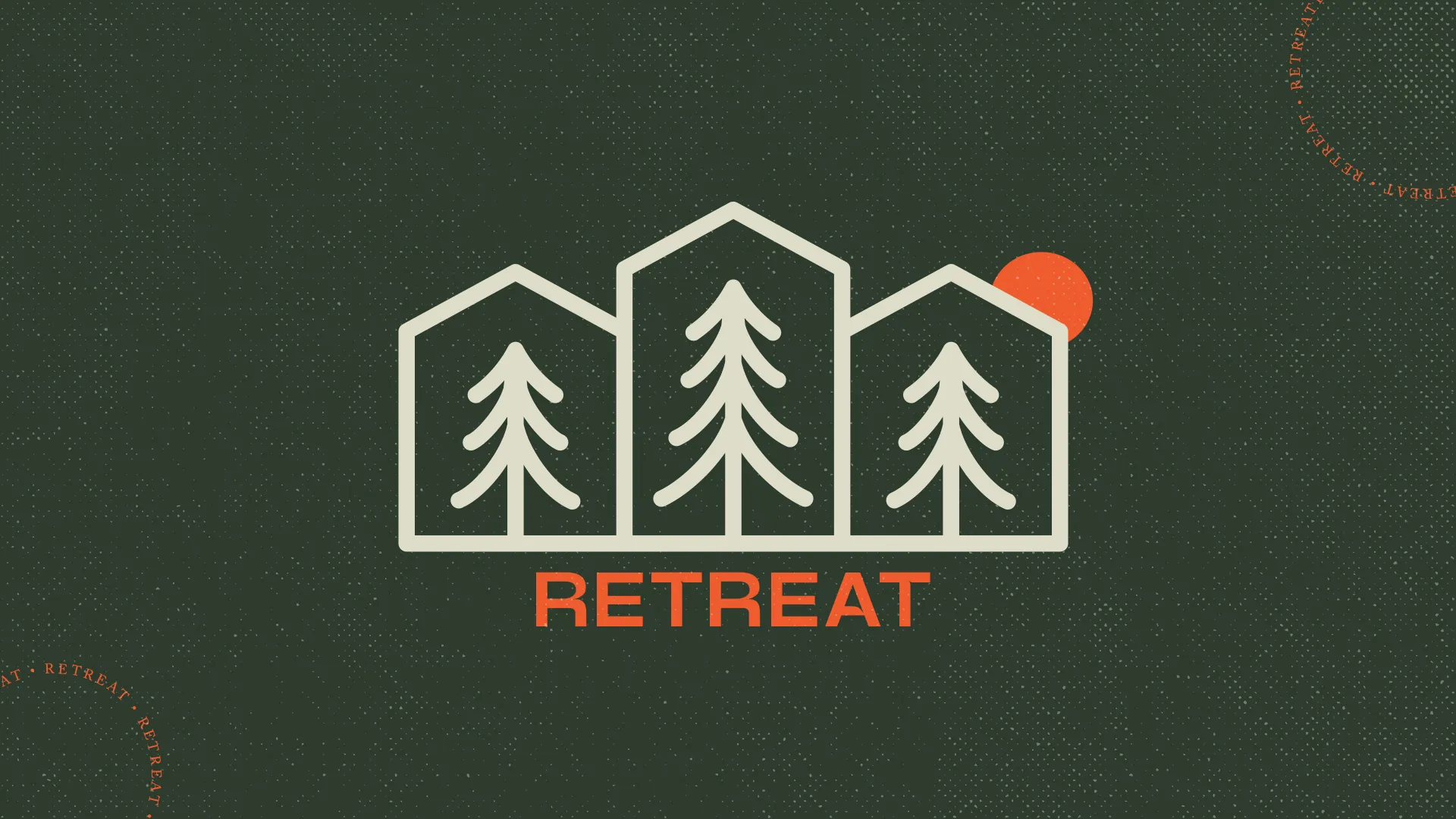 Retreat event details featuring stylized trees and houses, symbolizing community, faith, and spiritual growth.