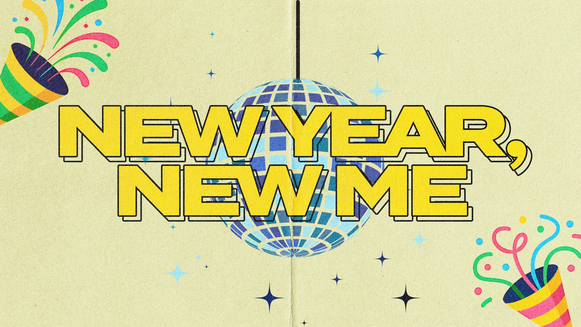 "Celebratory design with 'New Year, New Me' text, confetti, and a disco ball, symbolizing renewal and community in faith."