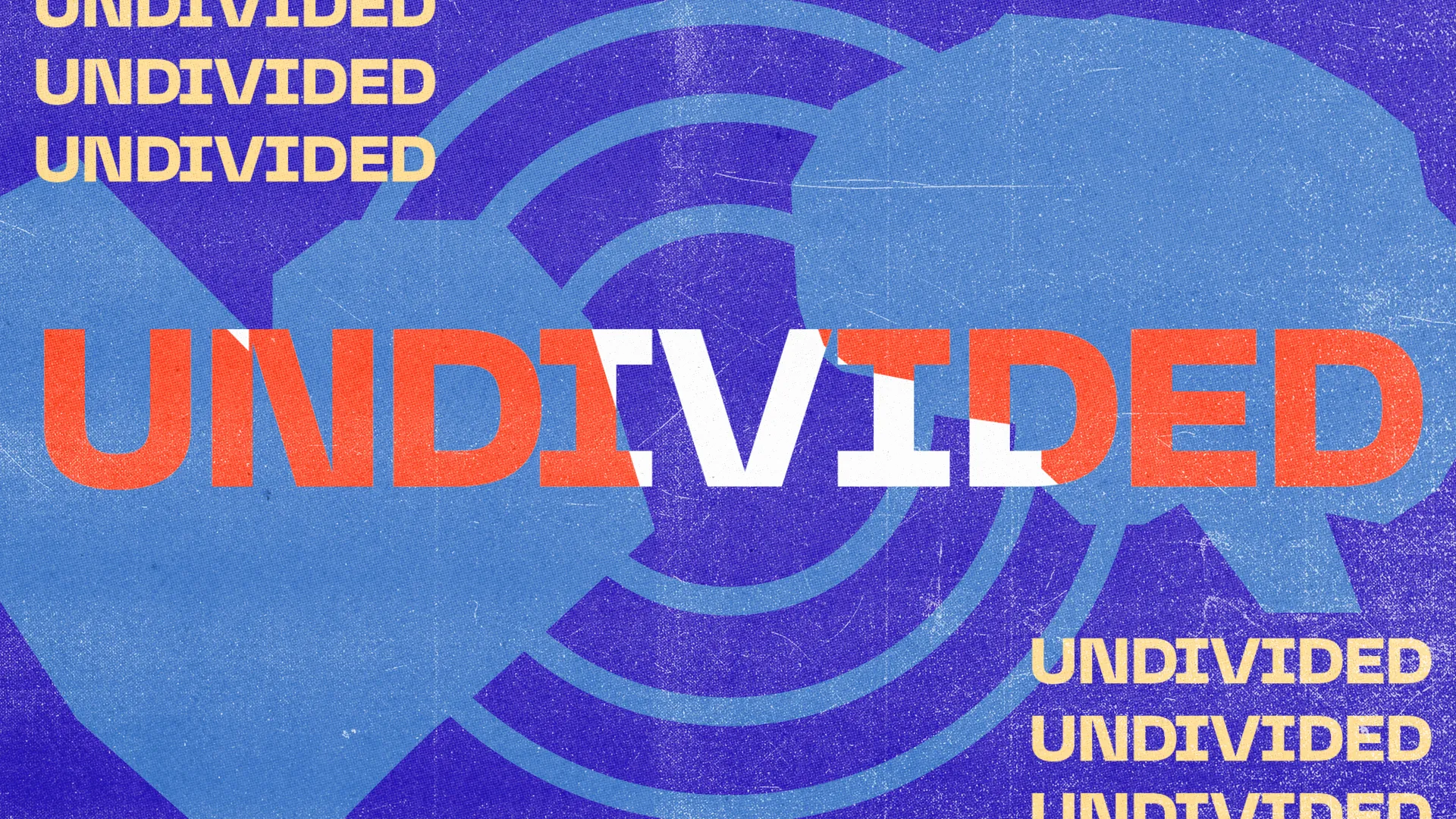 Bold text "UNDIVIDED" surrounded by abstract shapes, symbolizing unity in faith and community within the church.