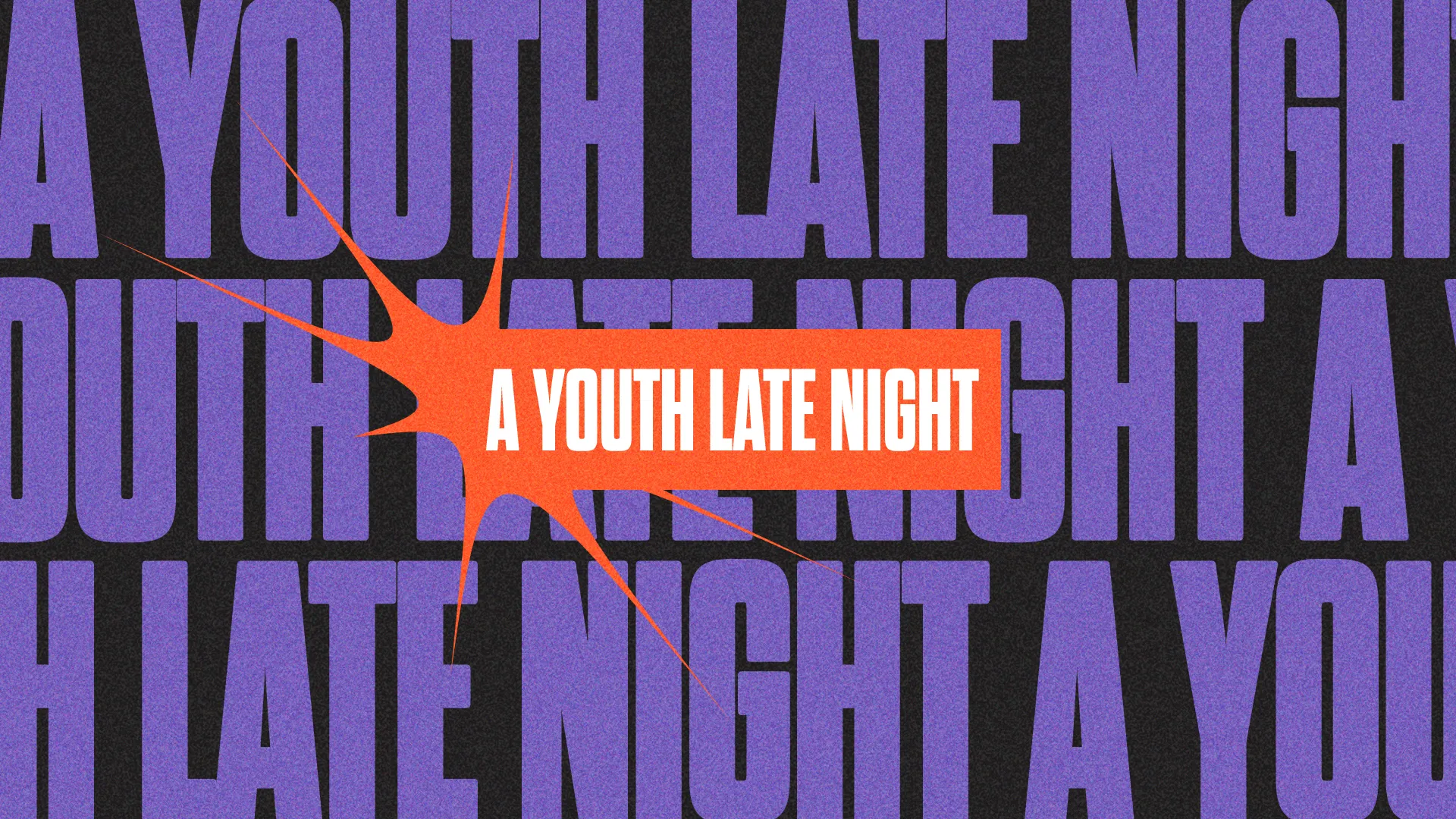 Youth Late Night event announcement, vibrant colors emphasizing community and fellowship in faith-based activities.