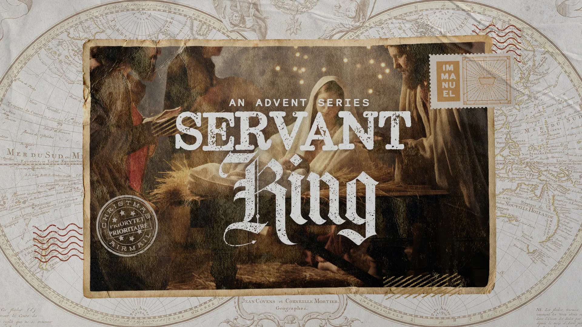 "Advent series titled 'Servant King' with a nativity scene, emphasizing themes of faith, worship, and community."