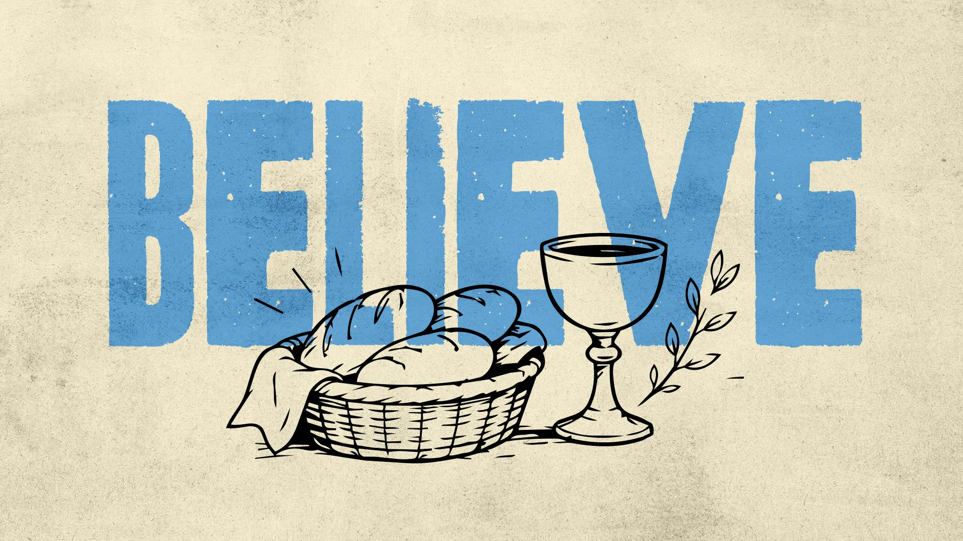 "Basket of bread and a chalice with olive branches, emphasizing the theme of belief and communion."