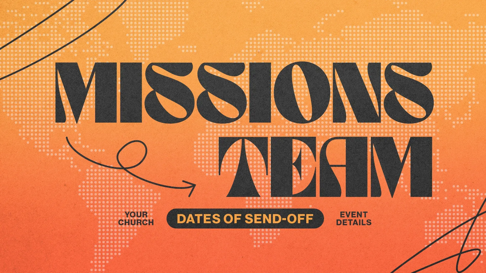 Missions Team announcement with vibrant background, highlighting send-off dates and church details for community outreach.