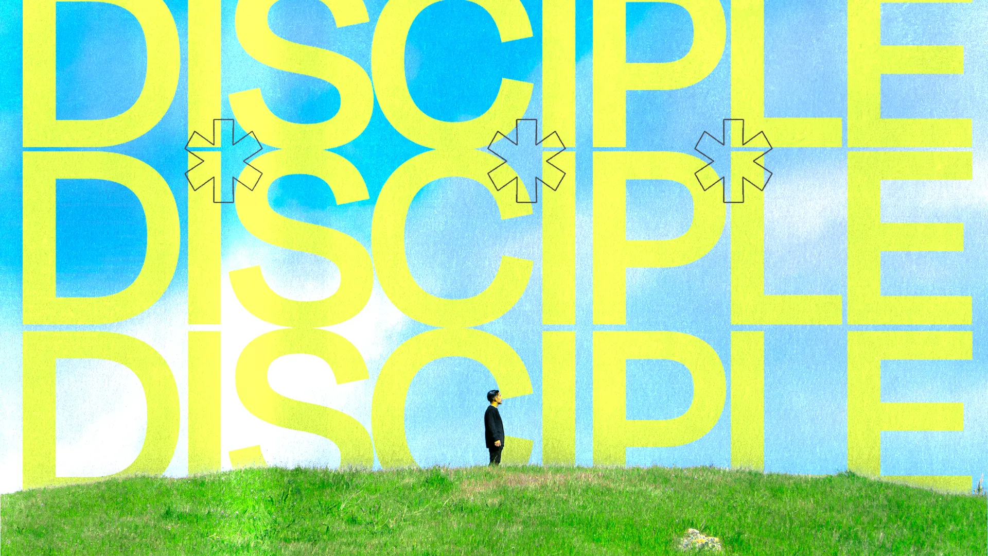 A lone figure stands on a green hill, surrounded by the word "DISCIPLE" in bold yellow against a blue sky, symbolizing faith.