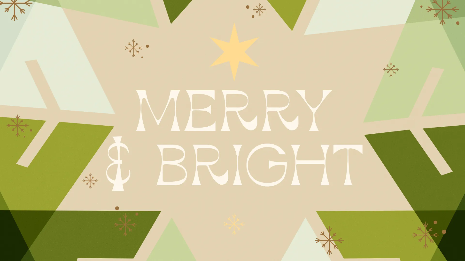 "Merry & Bright" text with star and snowflakes, framed by green and beige shapes, celebrating community and faith at church.