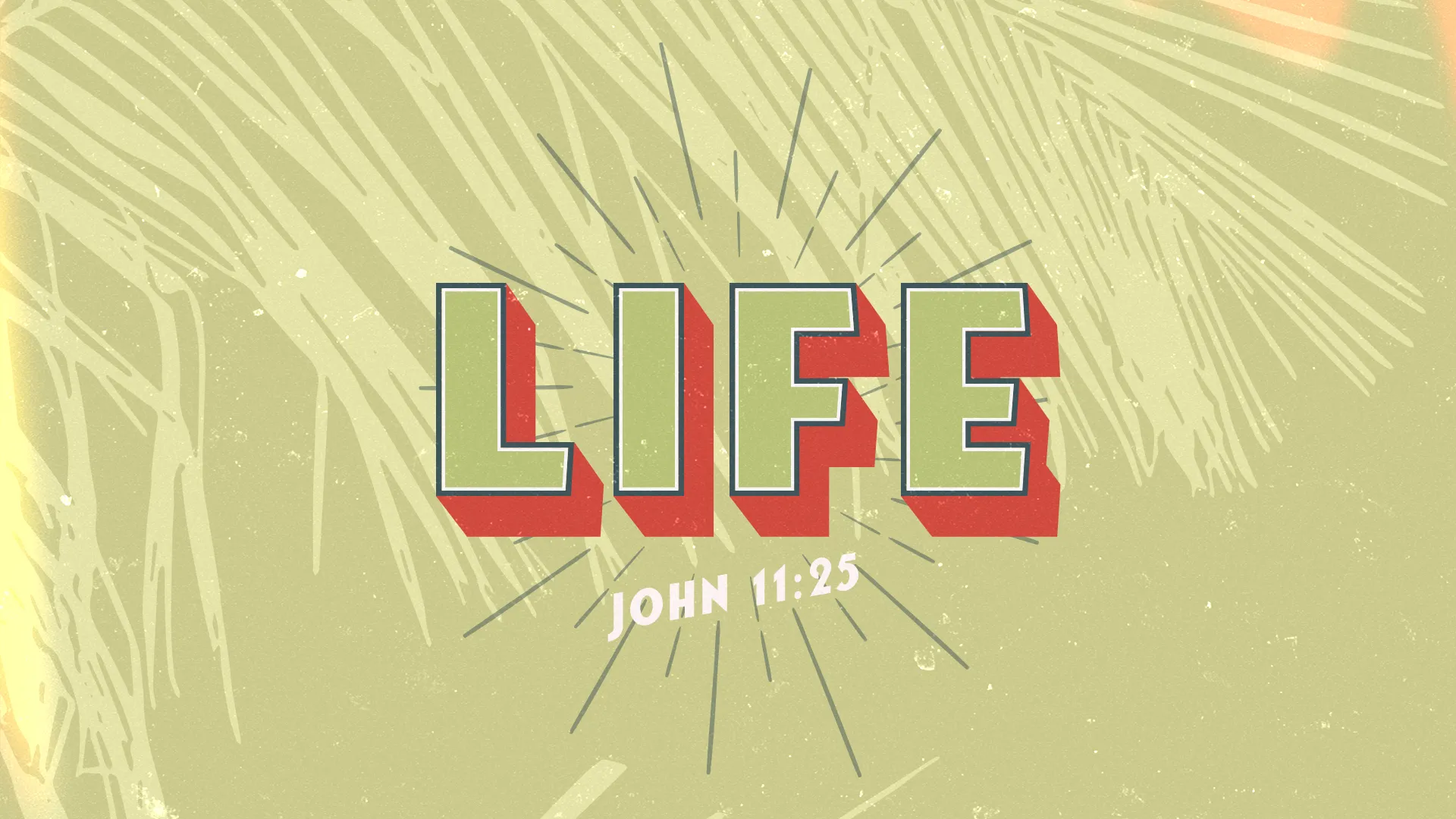 Bold text "LIFE" with rays of light, accompanied by "John 11:25," symbolizing faith and resurrection in worship.