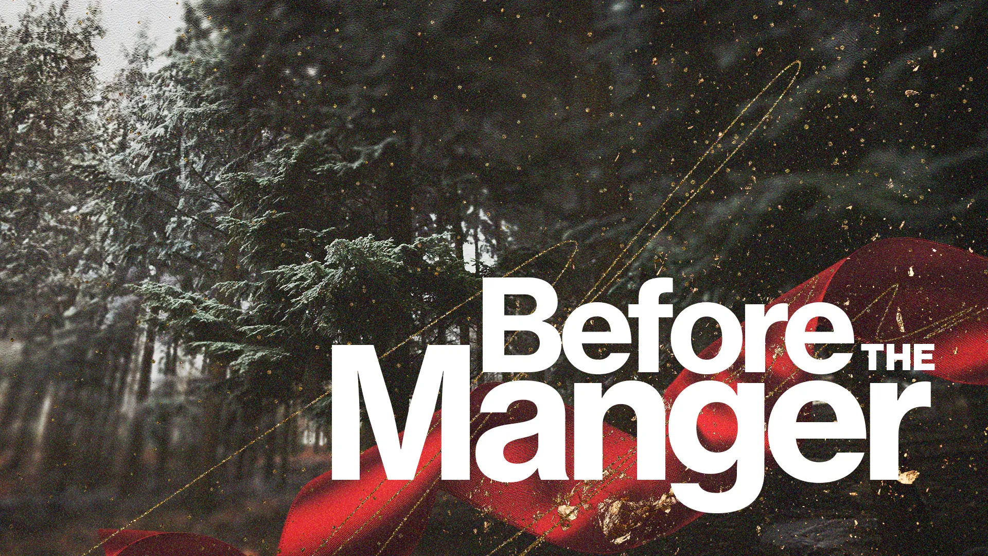 Snowy forest backdrop with vibrant red ribbon and text "Before the Manger," evoking themes of anticipation and faith.
