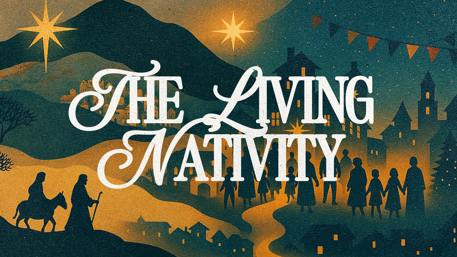 Nativity scene with a star, silhouettes of figures, and festive decorations, symbolizing community and faith.