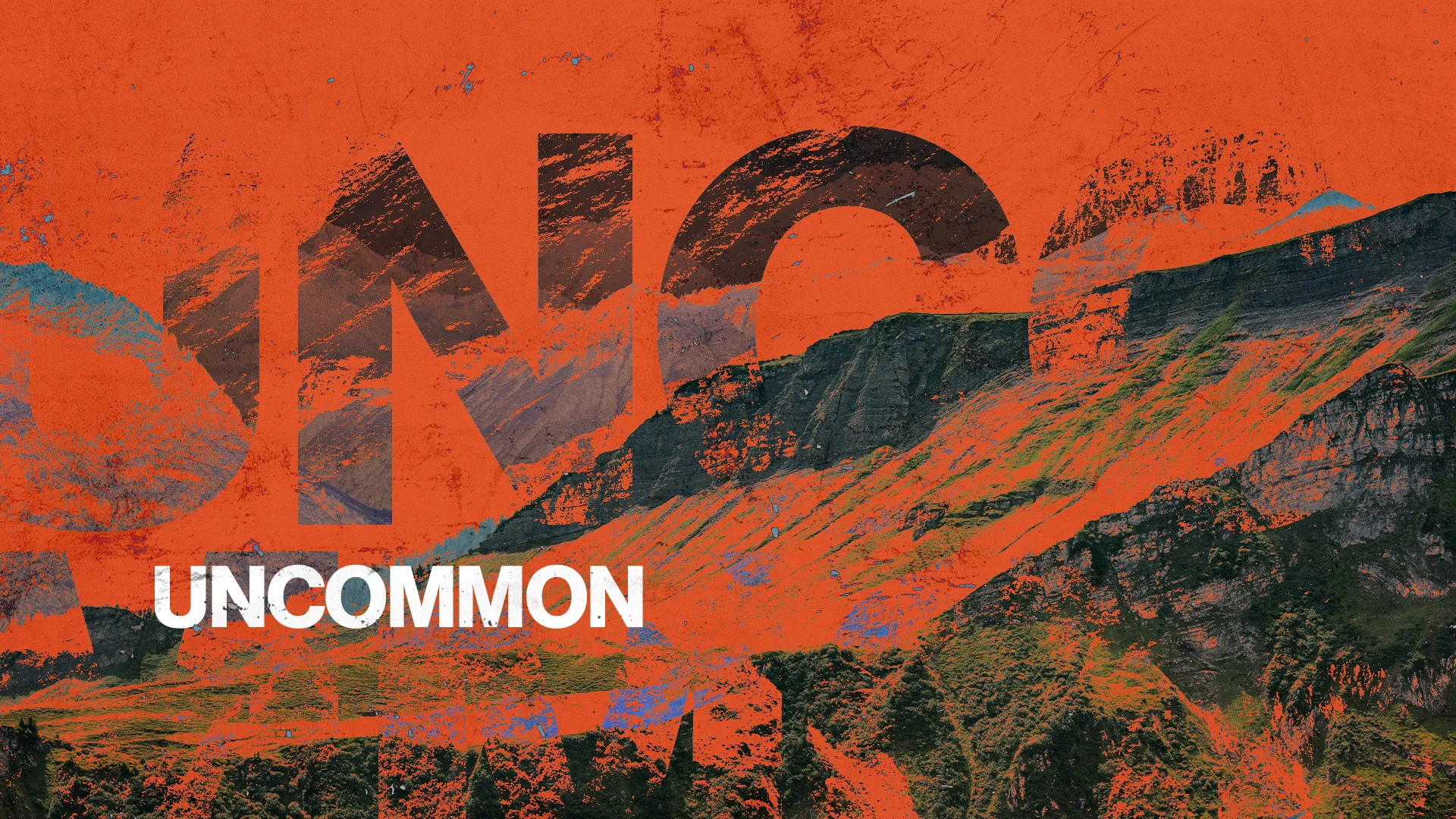 Bold text reads "UNCOMMON" over a vibrant orange background with layered mountain imagery, symbolizing faith and community.