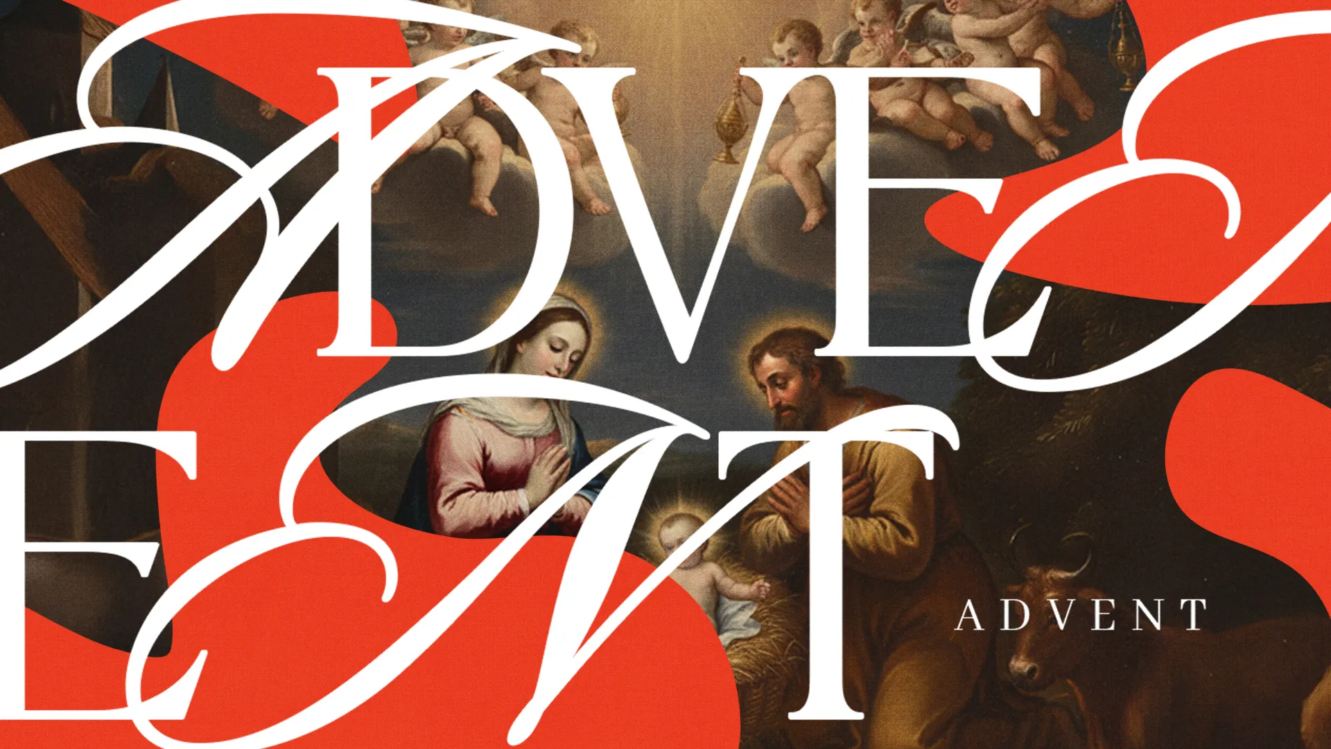Advent theme featuring Mary, Joseph, and the Christ child with angelic figures, symbolizing hope and preparation for Christmas.