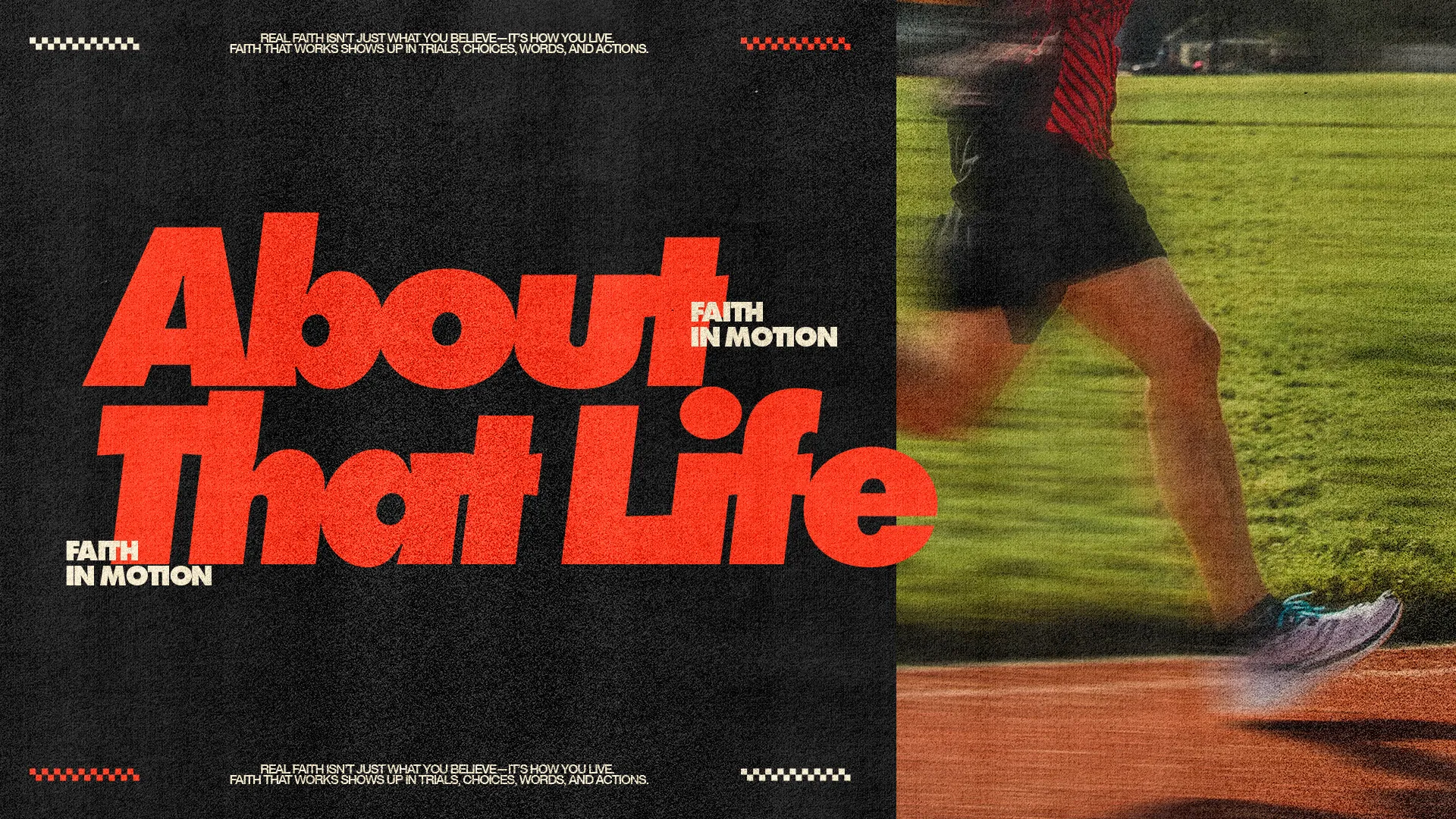 Dynamic runner on a track with bold text emphasizing "Faith in Motion" and community engagement in spiritual life.