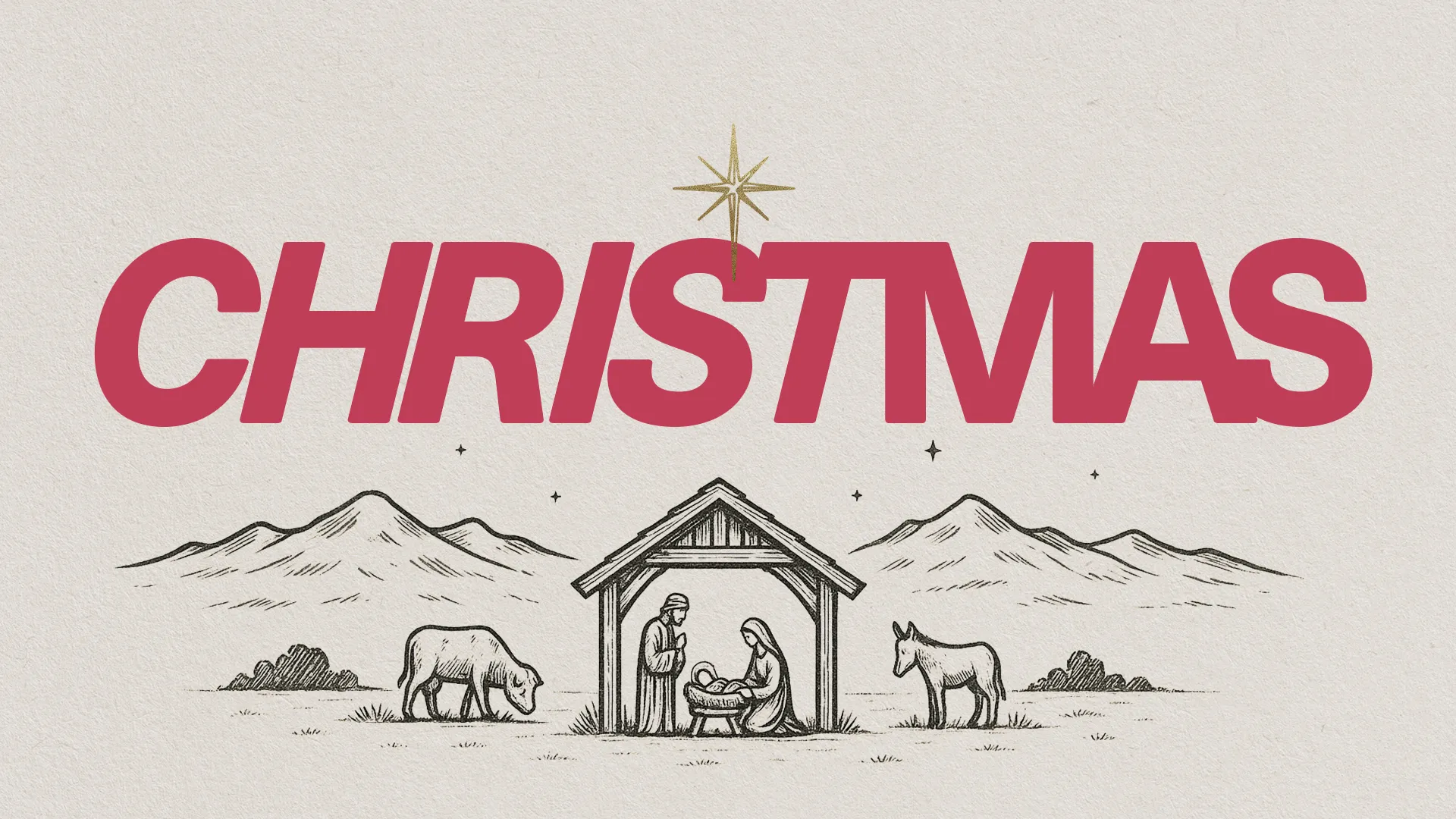 Nativity scene with Mary, Joseph, and baby Jesus, framed by mountains and animals, highlighting the spirit of Christmas.