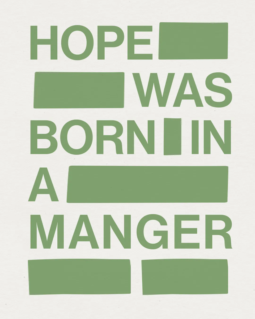 "Hope was born in a manger" in bold green text, conveying themes of faith, hope, and the nativity.