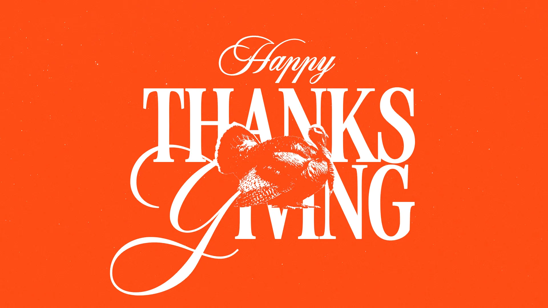 Happy Thanksgiving text with a turkey illustration on an orange background, symbolizing gratitude and community.