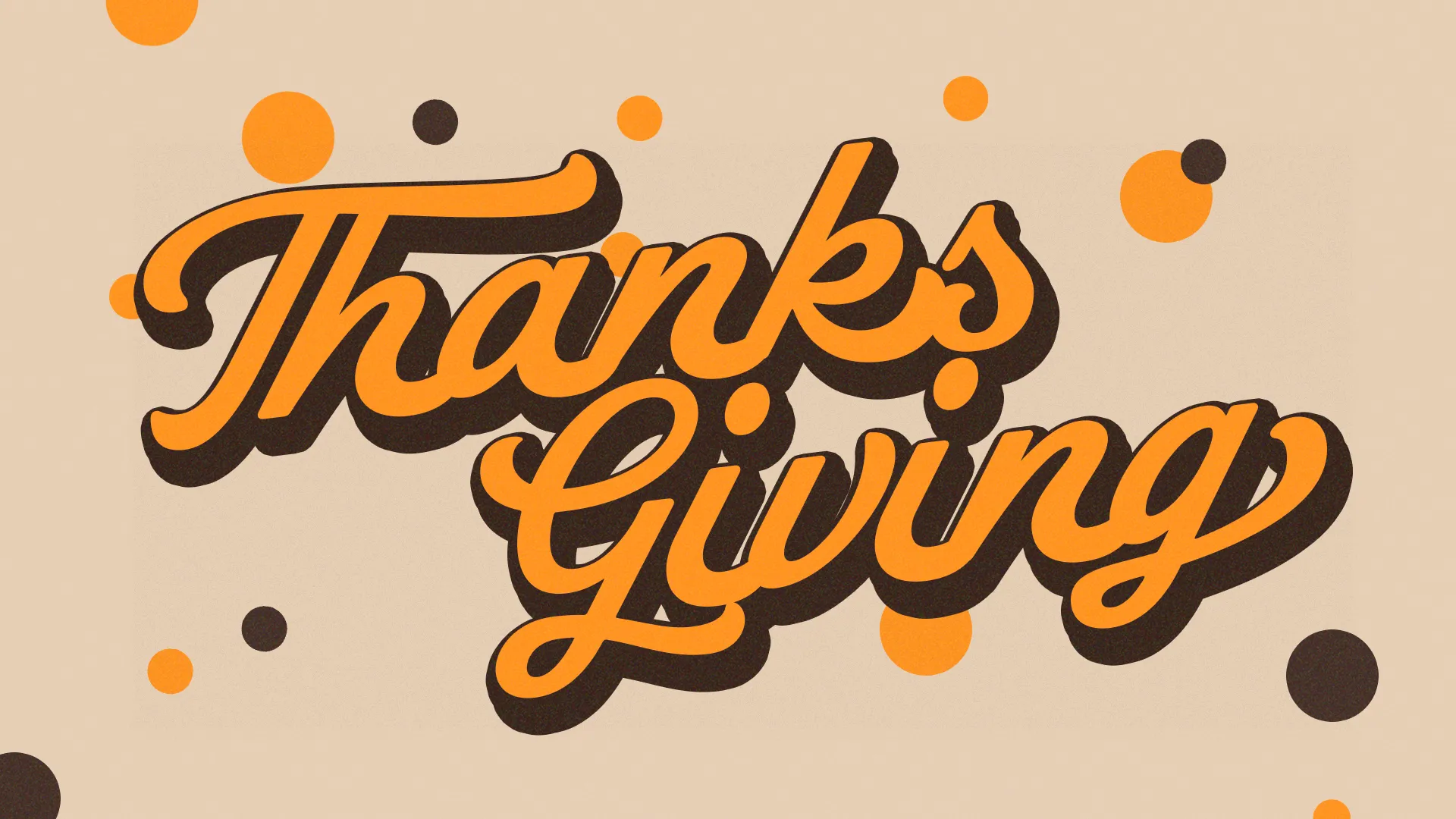Bold, playful text reads "Thanksgiving," surrounded by colorful dots, symbolizing gratitude and community celebration.