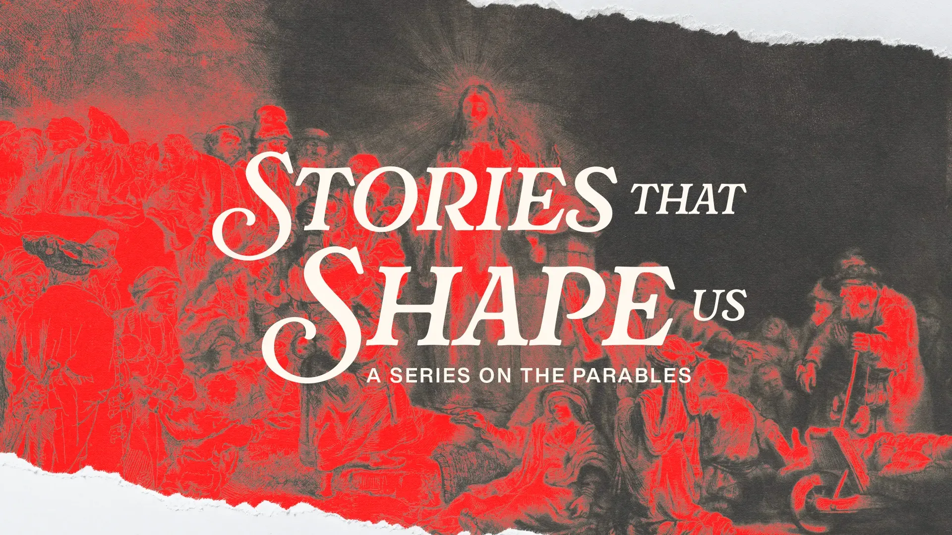 Parables illustrated in vibrant red, highlighting community, faith, and the transformative power of biblical stories.