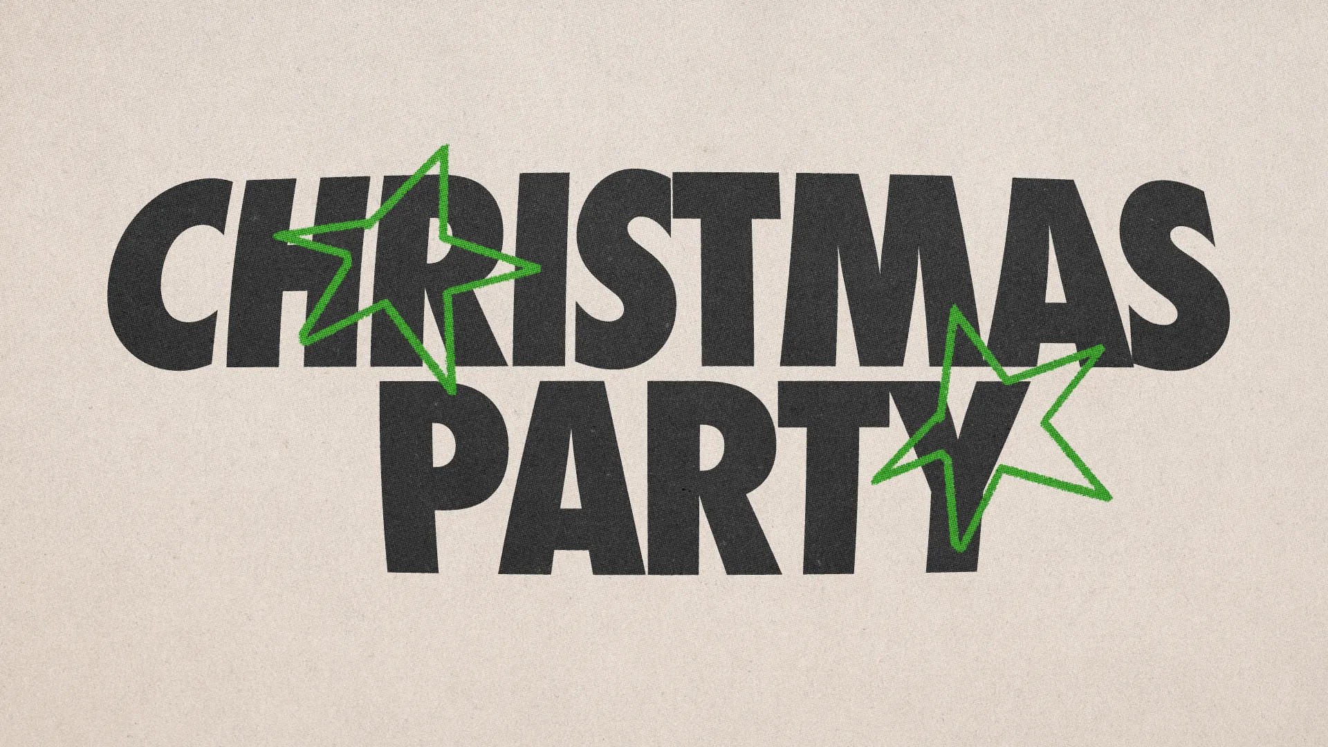 Bold text announces a Christmas party, accented with green stars, inviting community celebration and festive joy.