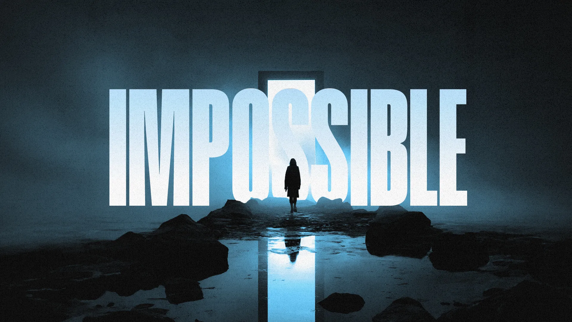 A figure stands before a glowing doorway, surrounded by darkness, symbolizing faith overcoming the impossible.