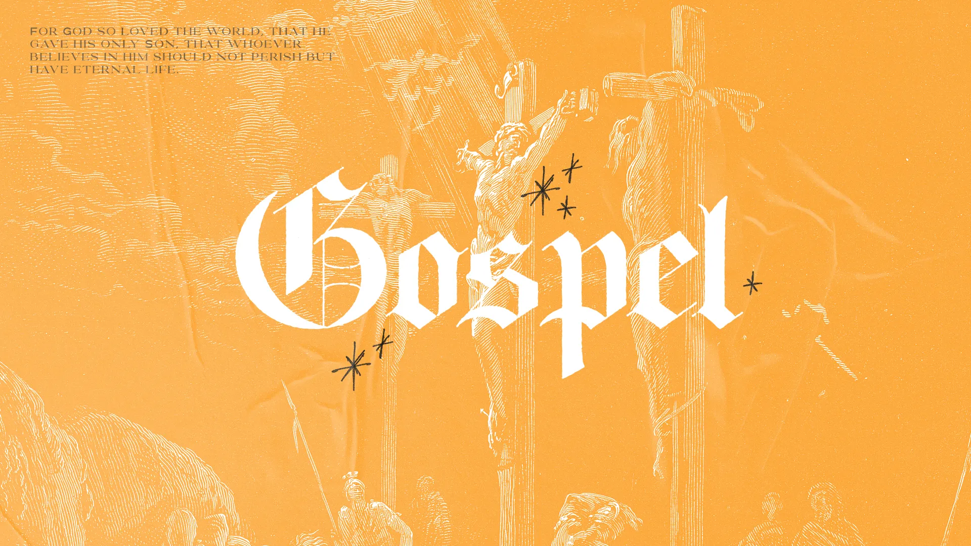 Gospel message highlighted with crucifixion imagery, emphasizing love, faith, and eternal life.