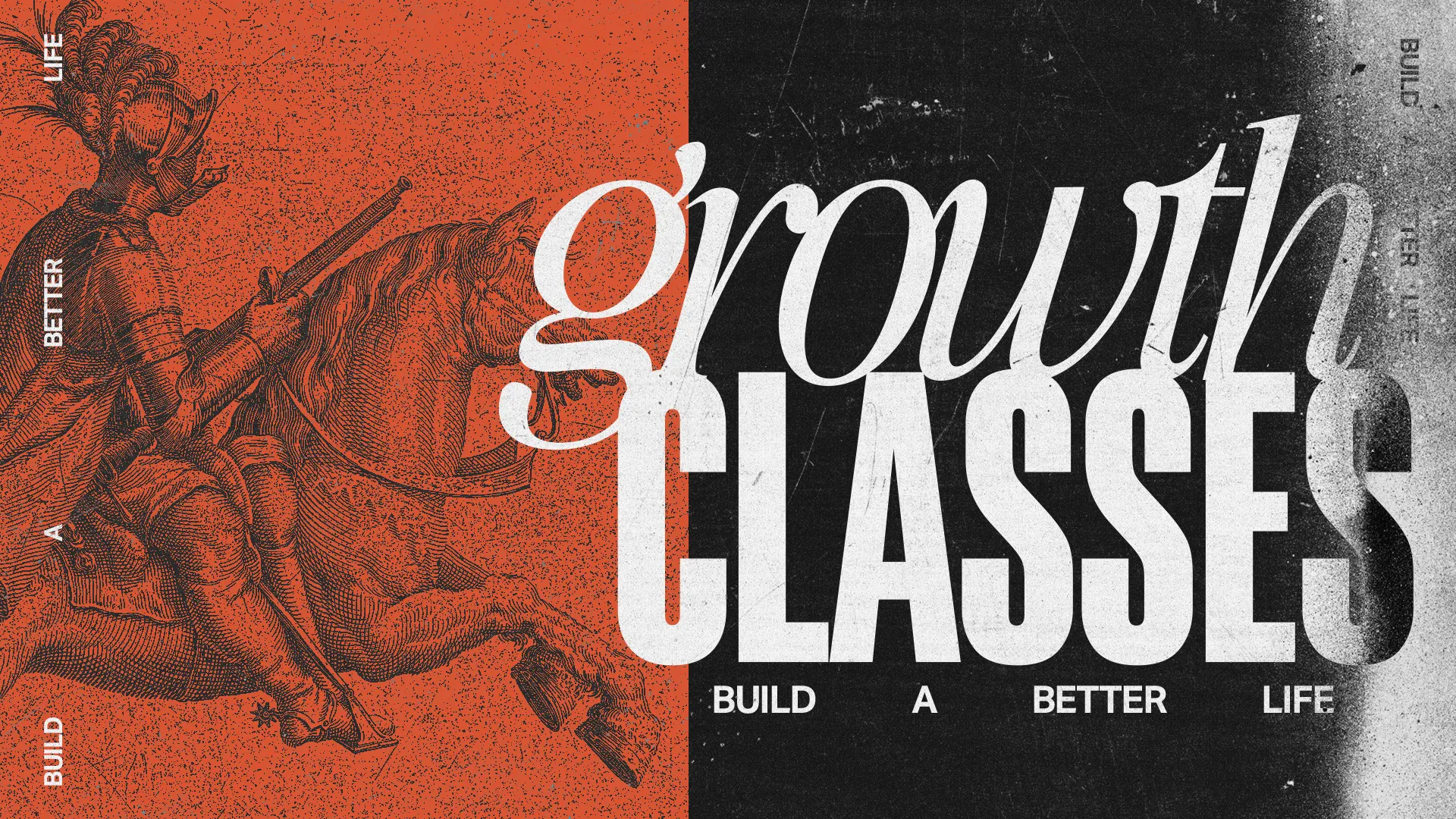 Growth classes promoting community and faith, featuring a knight symbolizing strength and service for a better life.