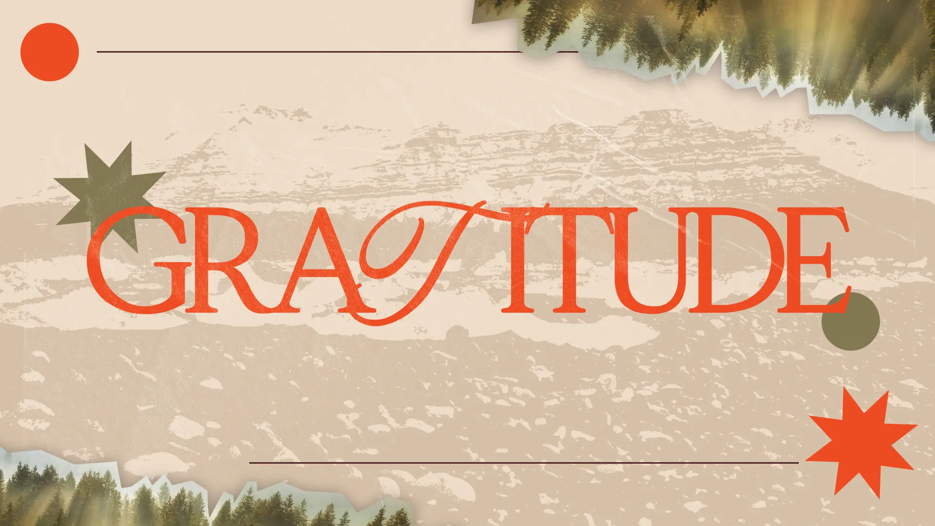 "Bold 'Gratitude' text over a serene landscape, symbolizing faith, community, and thankfulness in worship."