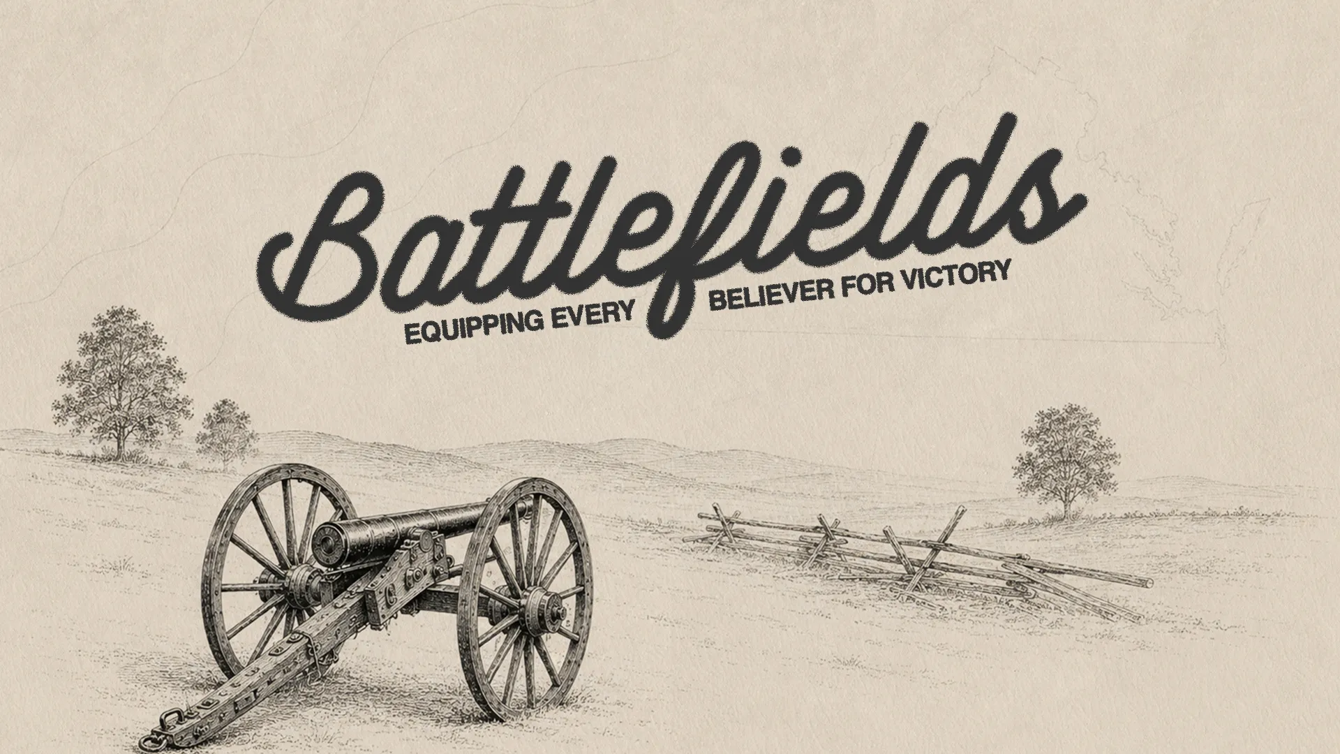 Cannon on a battlefield with trees, symbolizing spiritual warfare and equipping believers for victory in faith.