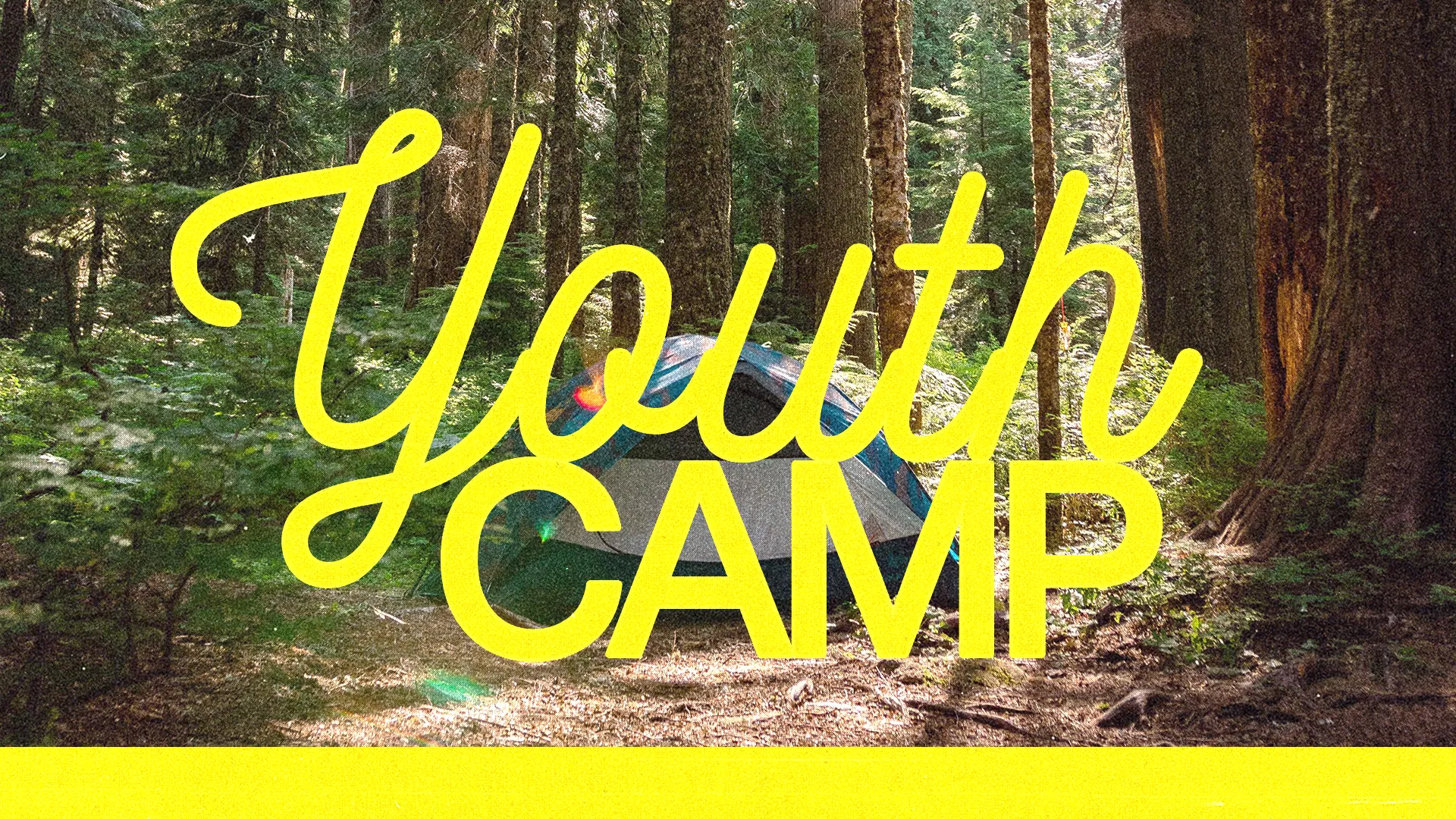 Youth camp nestled in a lush forest, promoting community, faith, and connection with nature. Dates of event included.