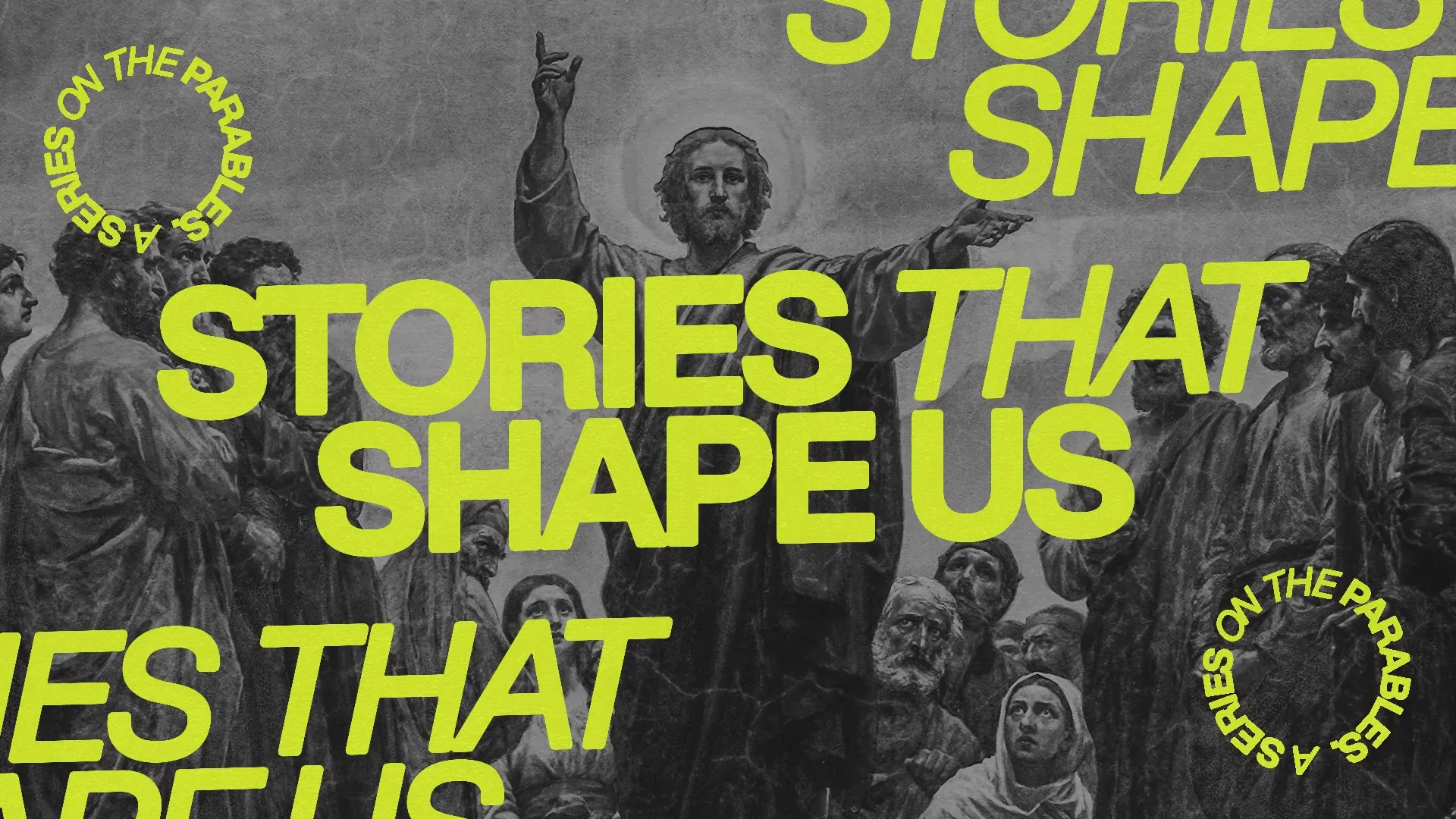 Jesus teaching a crowd, emphasizing the impact of parables on faith and community growth. Bright, bold text enhances the message.